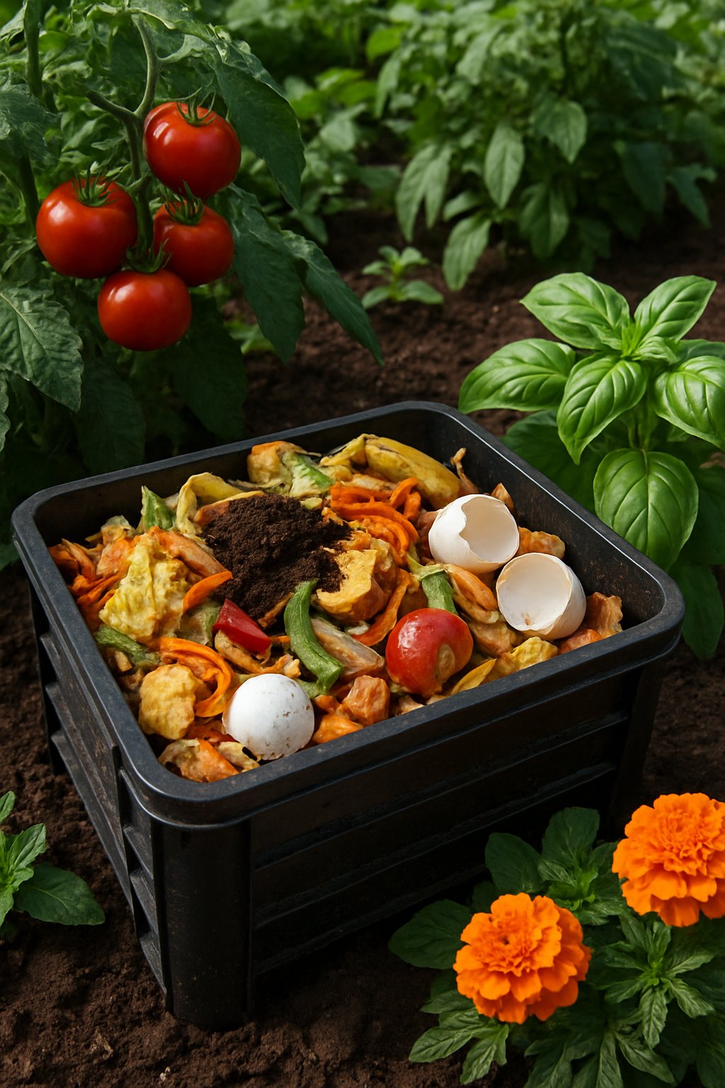 A compost bin filled with kitchen scraps surrounded by healthy home garden plants including tomatoes, basil, and marigold flowers in a garden bed.