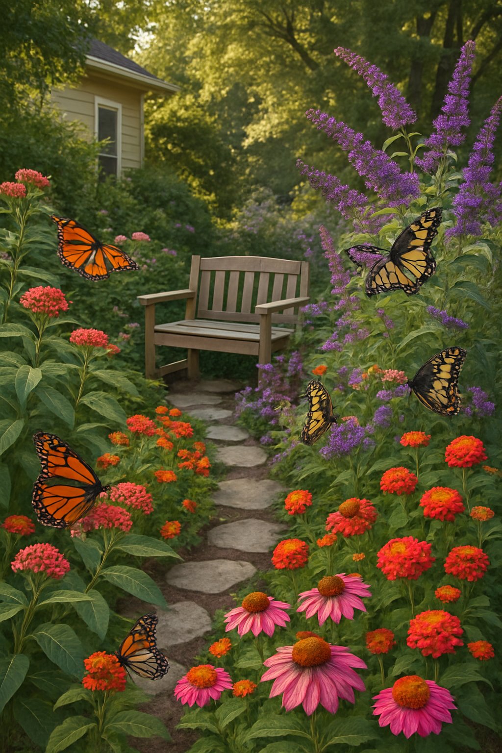 A vibrant home butterfly garden with various blooming flowers and butterflies fluttering among them, featuring a stone pathway and a wooden bench surrounded by lush greenery.