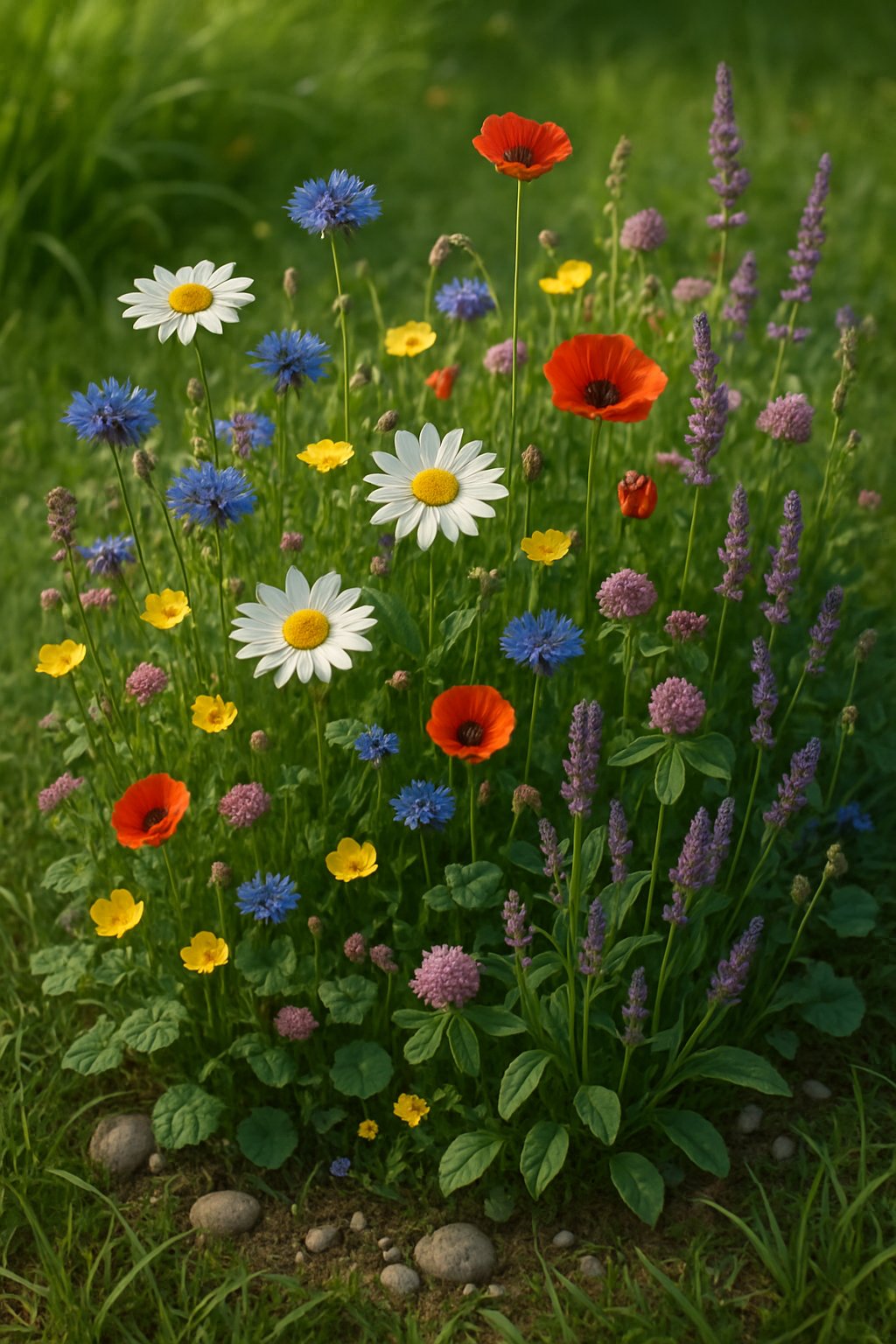 A vibrant wildflower meadow patch in a home garden with a variety of blooming flowers and green grass.
