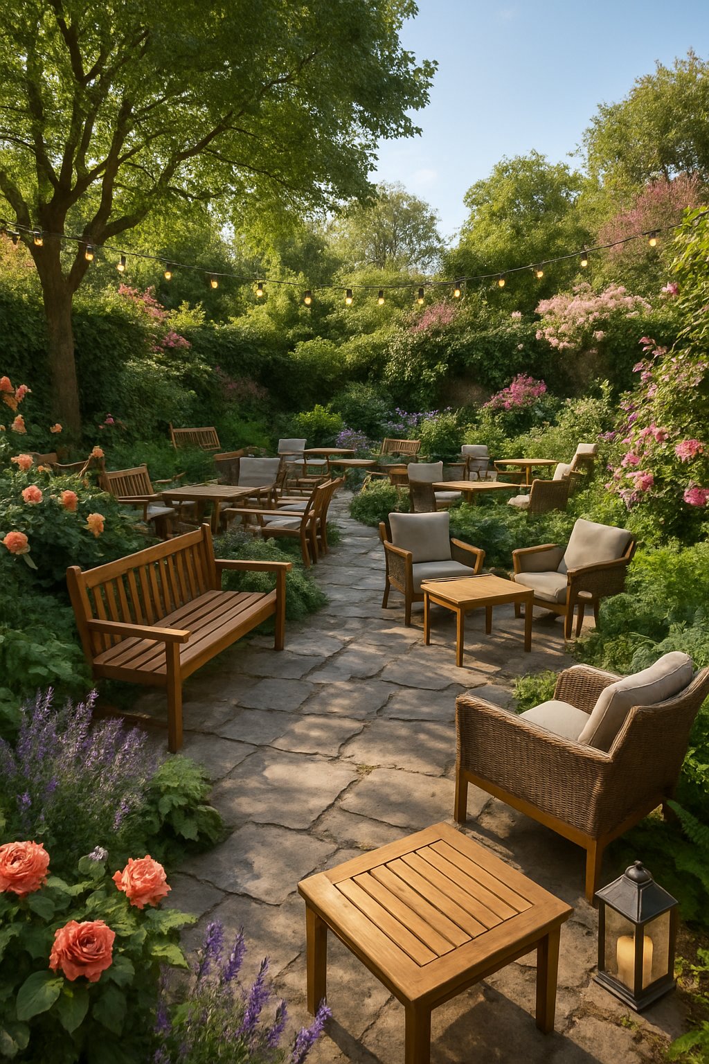 A spacious garden nook with multiple seating areas surrounded by lush green plants and colorful flowers, set outdoors under clear skies.