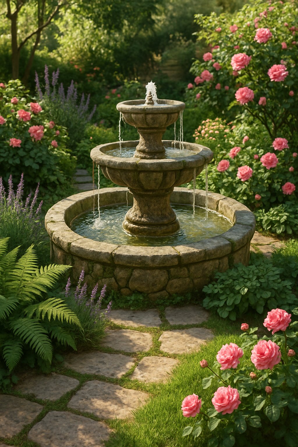 A small stone fountain surrounded by various green plants and blooming flowers in a home garden with sunlight filtering through trees.
