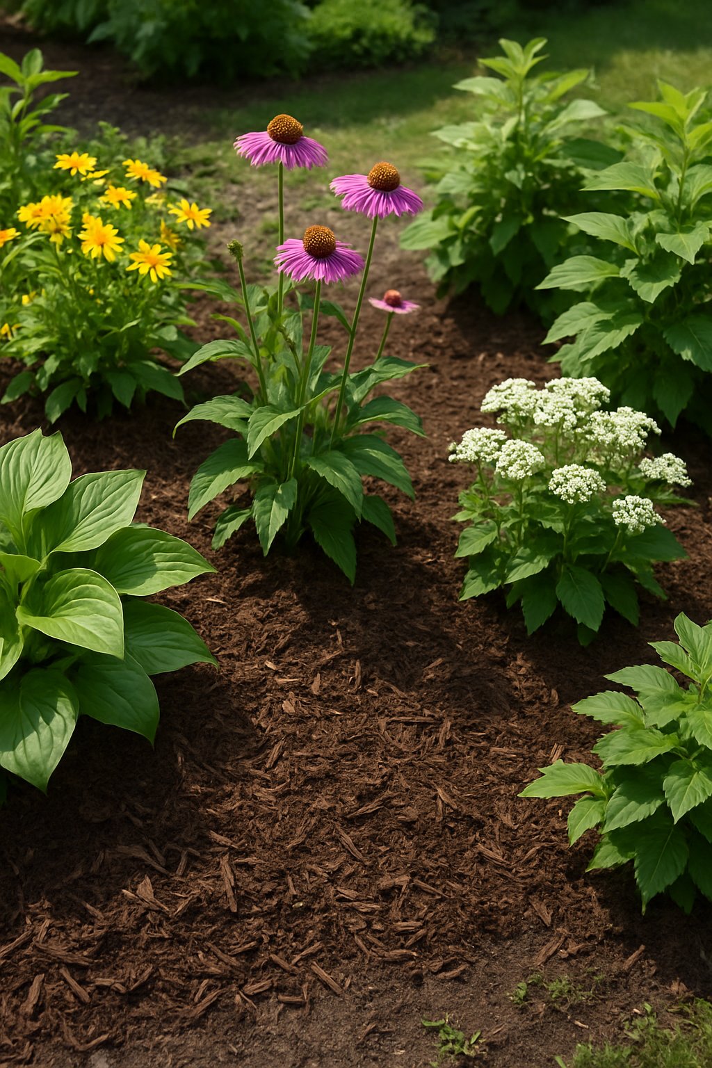 A home garden bed covered with brown mulch surrounded by green plants and flowers, showing a natural outdoor garden scene.