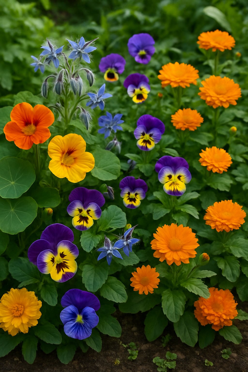 A home garden filled with a variety of colorful edible flowers including nasturtiums, pansies, borage, calendula, and marigolds growing among green leaves.