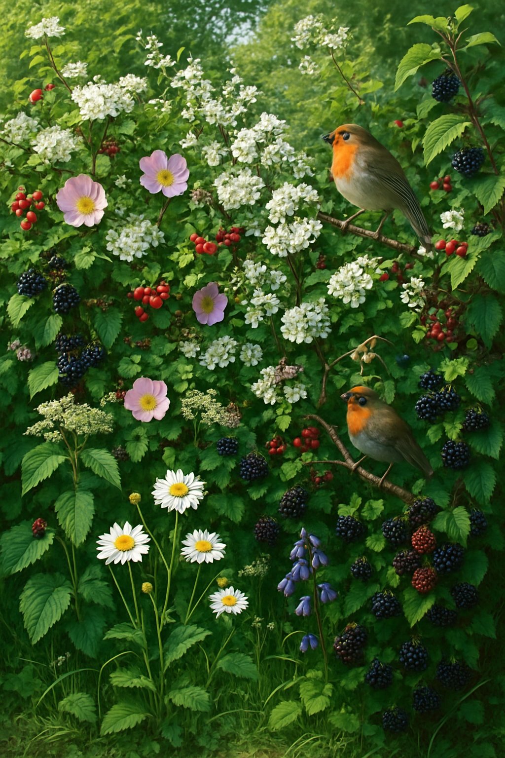 A dense garden hedgerow with a variety of native plants and flowers including hawthorn, blackthorn, wild roses, elderberry, and bramble, with small wildlife like a ladybug, bumblebee, and robin among the foliage.
