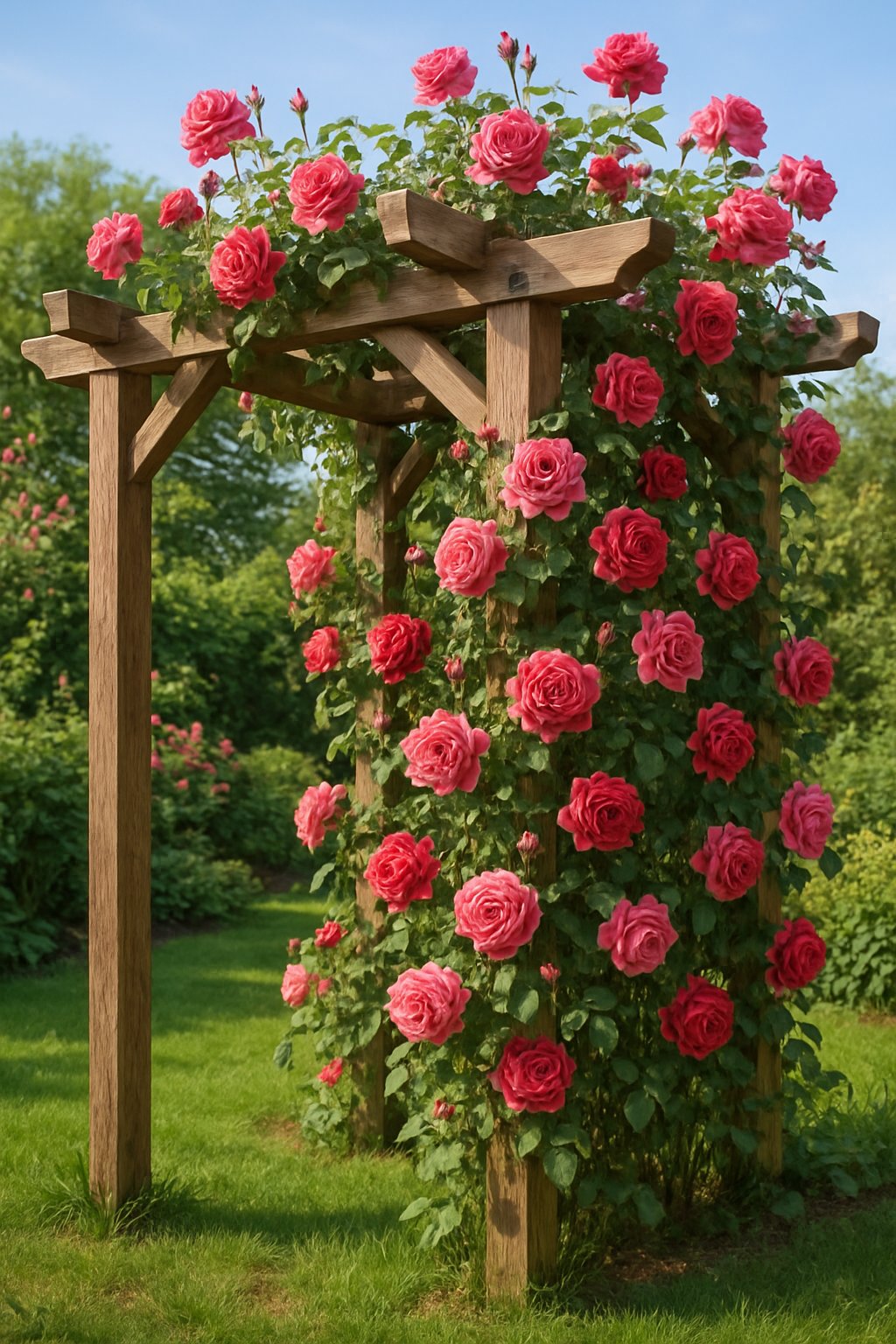 A wooden pergola in a home garden covered with blooming climbing roses surrounded by grass and other plants under a clear sky.