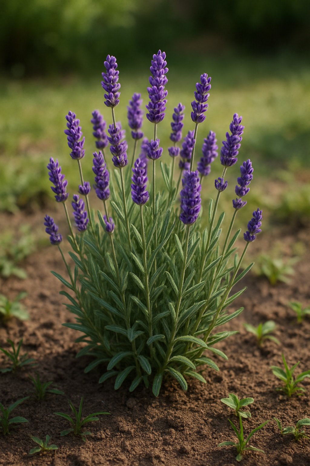 A close-up view of a healthy lavender plant with purple flowers growing in a home garden bed.