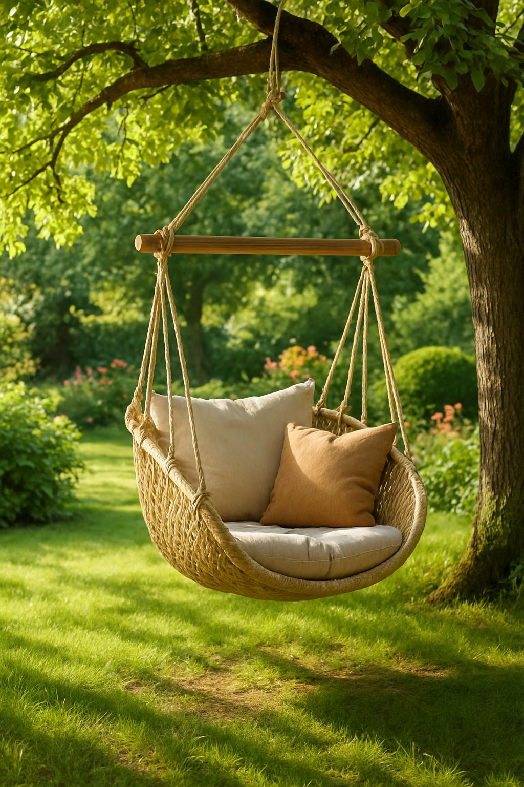 A hammock chair hanging under a large tree in a garden surrounded by green grass and colorful flowers.