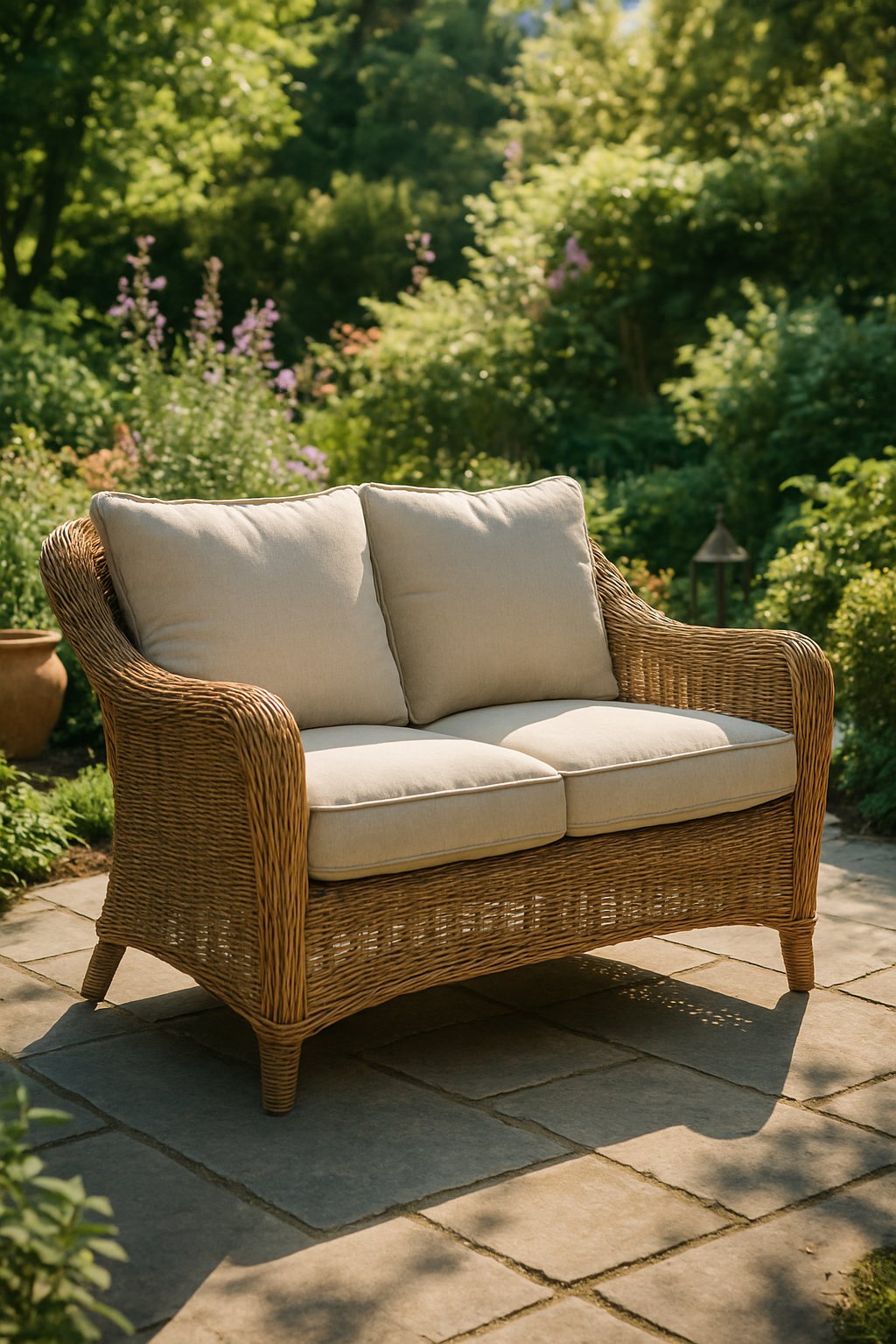 A wicker loveseat with cushions placed on a stone patio surrounded by plants and flowers in a garden.
