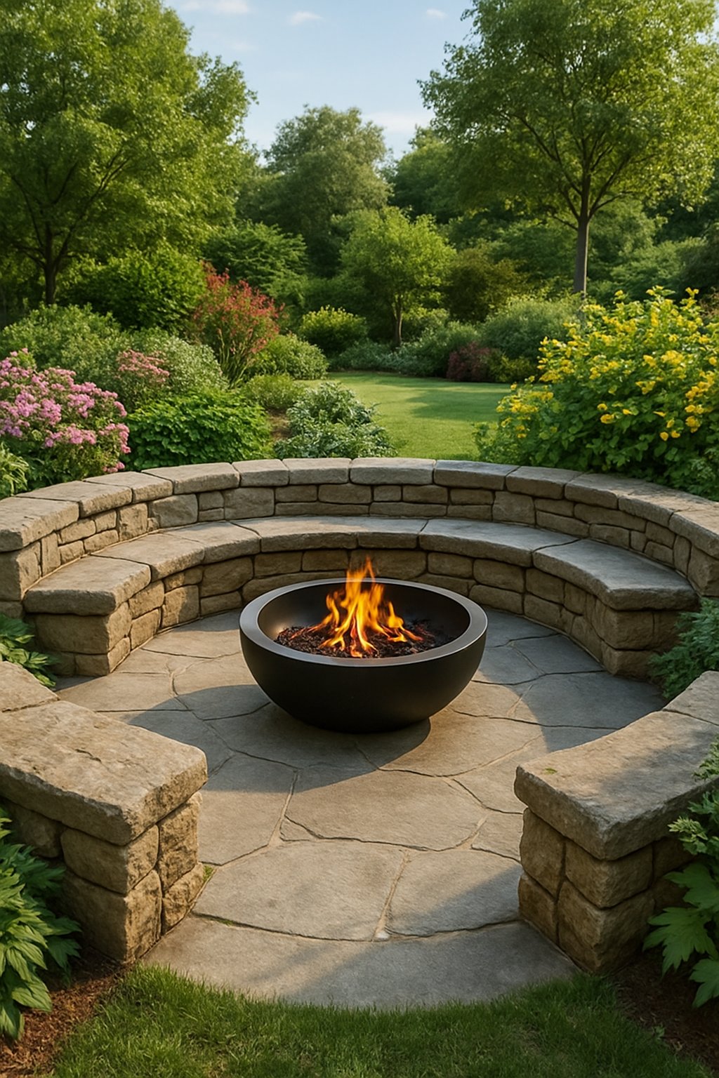 Outdoor garden with built-in stone seating arranged around a firepit surrounded by plants and greenery.