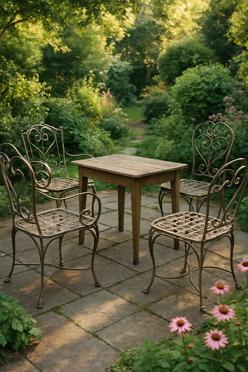 A group of vintage metal garden chairs arranged around a wooden table in a garden surrounded by plants and flowers.