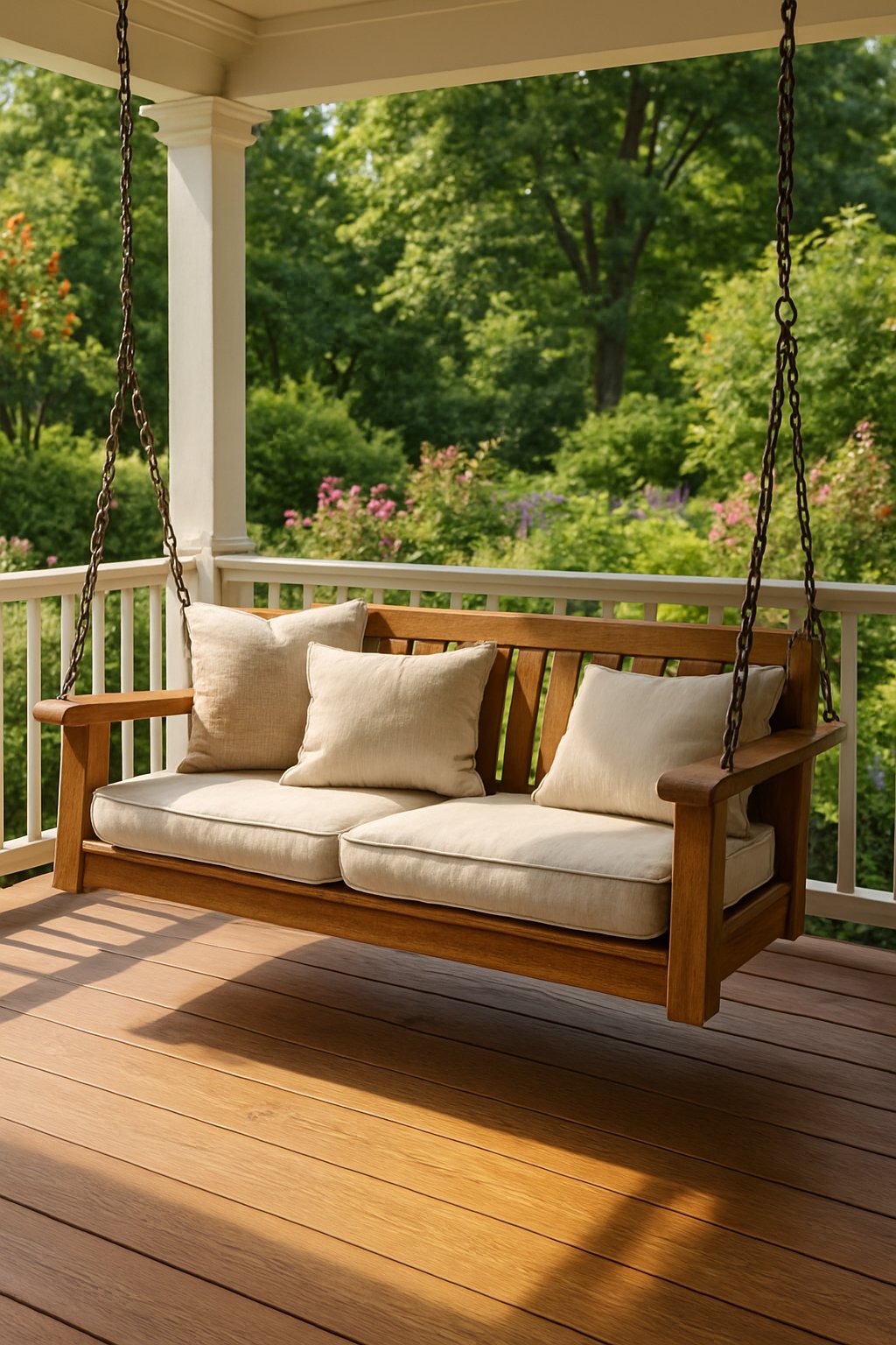 A wooden swing bench on a porch surrounded by a garden with green plants and flowers.