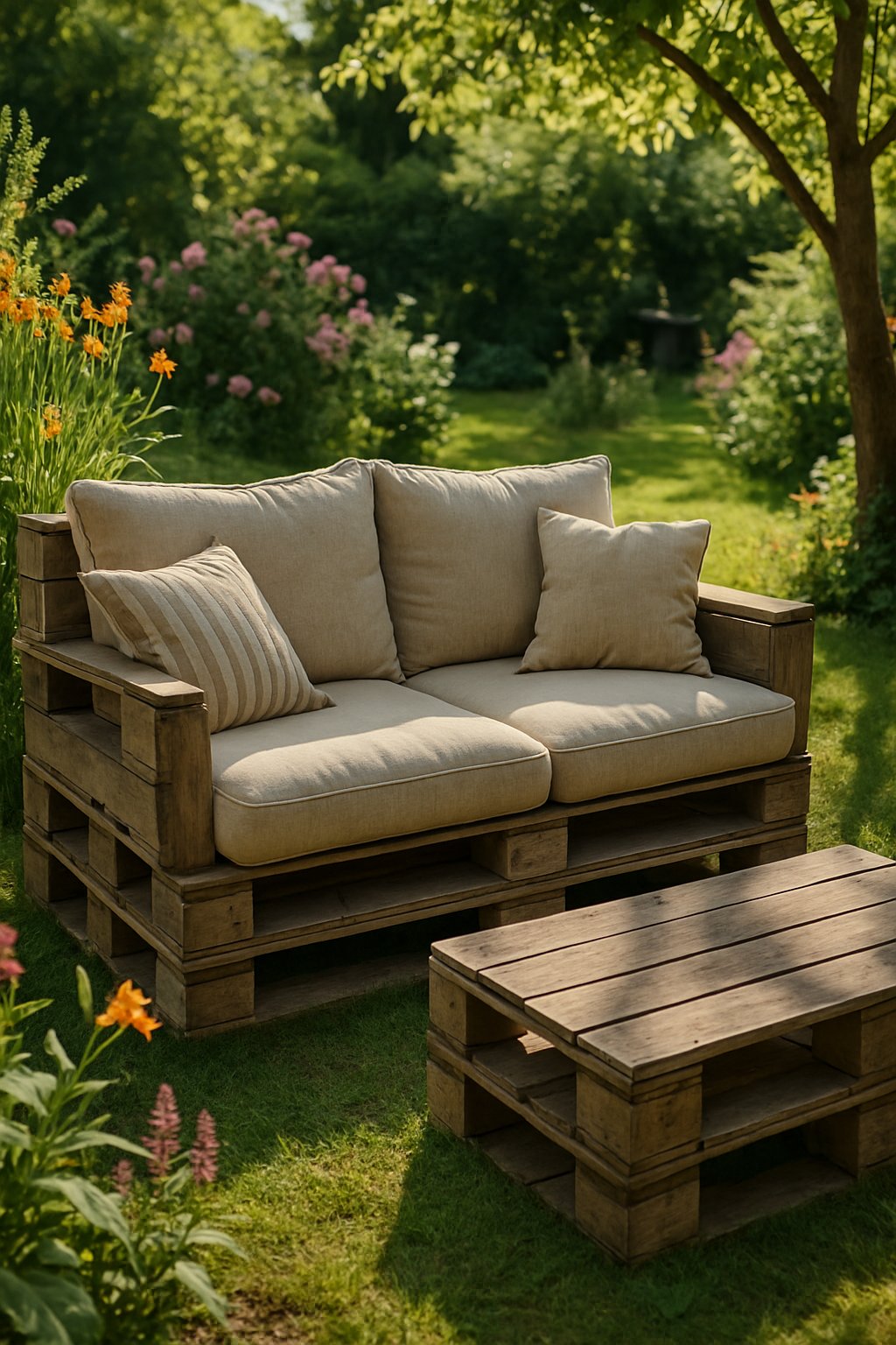 A reclaimed pallet sofa with cushions in a garden surrounded by plants and flowers.