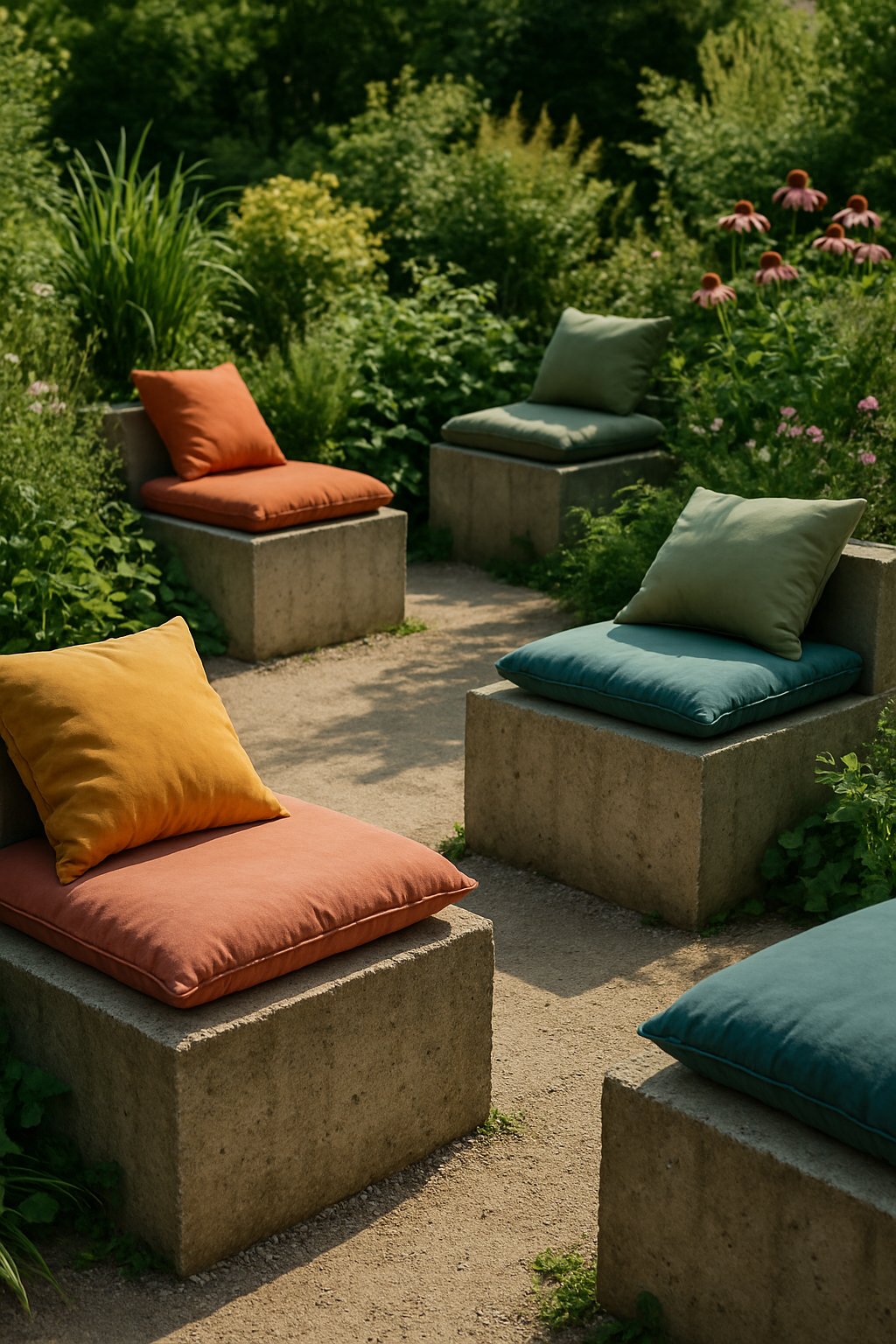 Outdoor garden with concrete block seats topped with colorful pillows, surrounded by green plants and flowers.