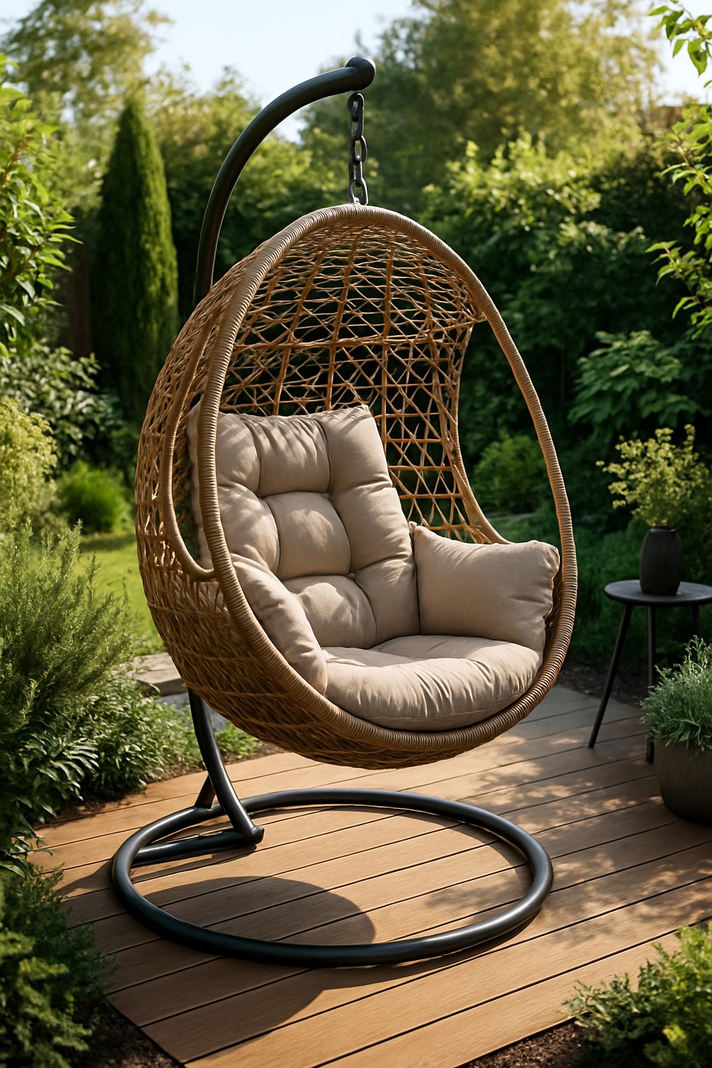 A hanging egg chair with cushions on a wooden deck surrounded by green plants and trees in a garden.