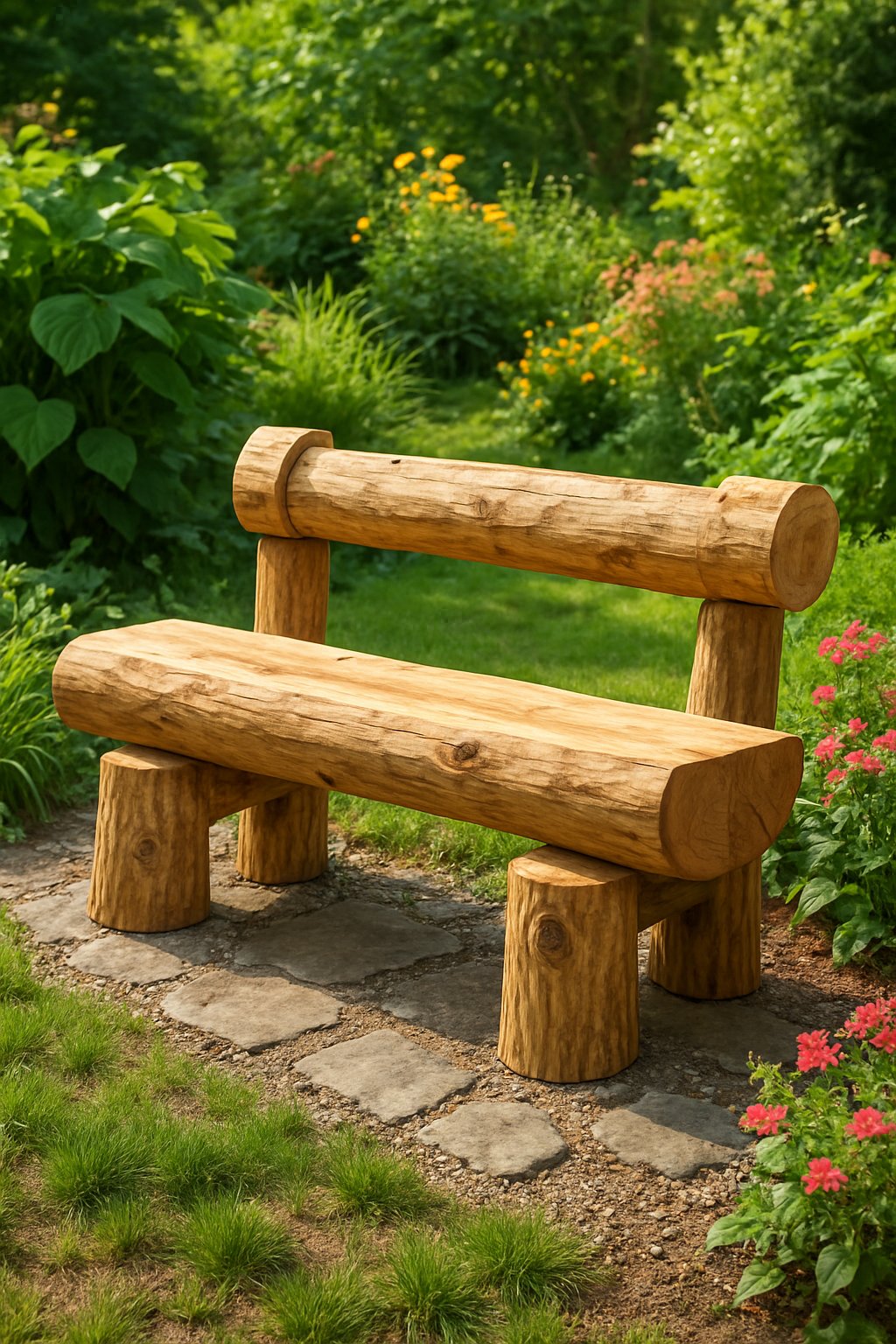 A wooden log bench situated in a garden surrounded by plants and flowers.