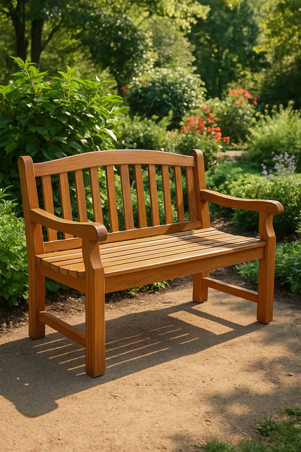 A teak garden bench with a backrest situated in a green garden surrounded by plants and flowers.
