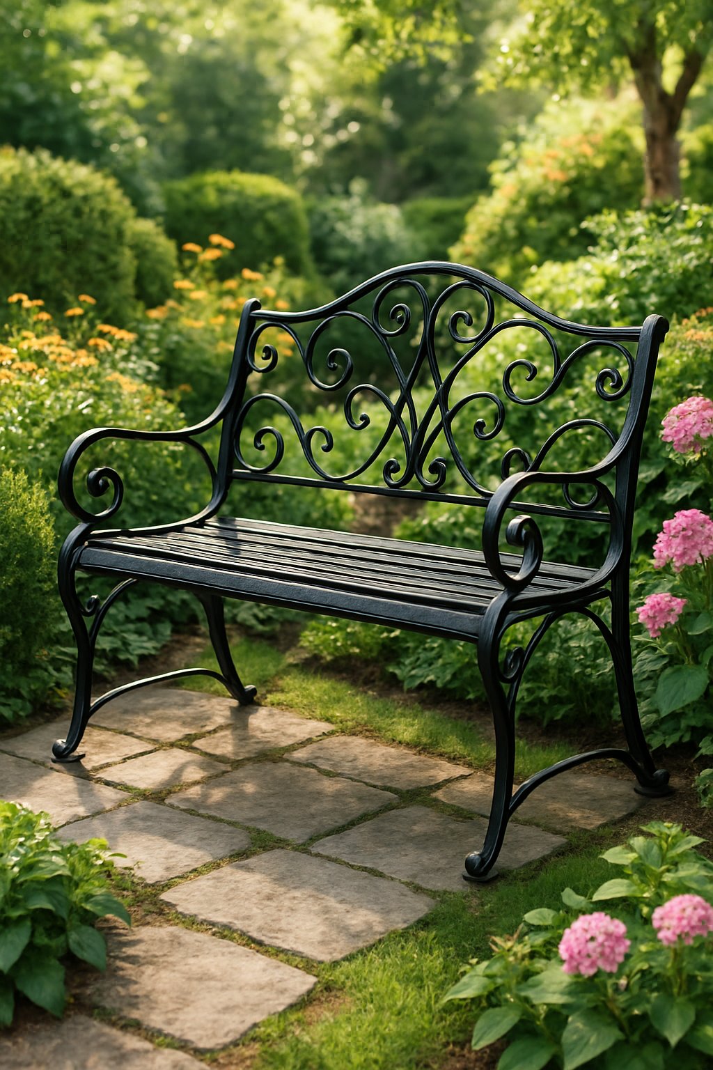A classic wrought iron bench placed in a garden surrounded by green plants and colorful flowers.