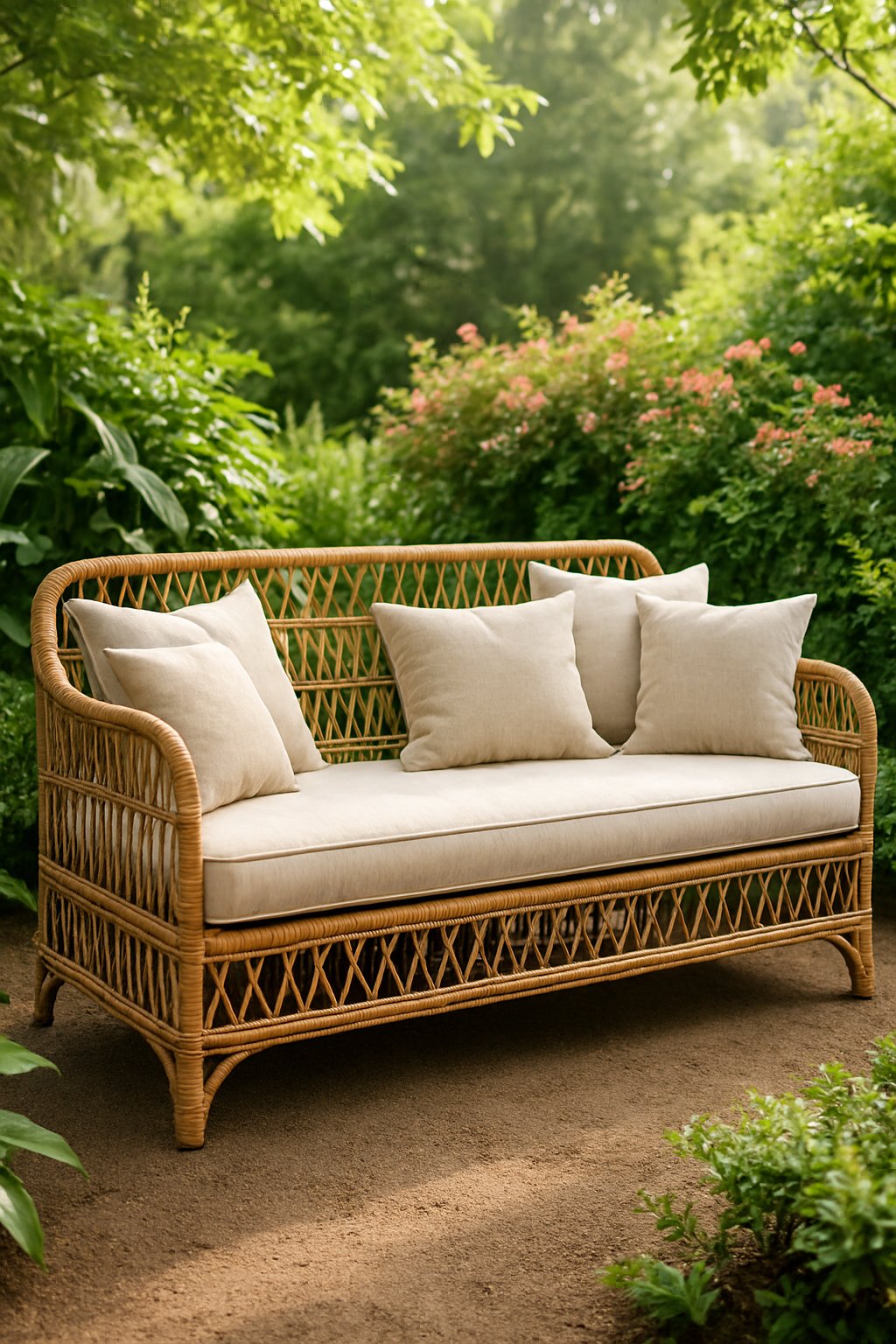 A rattan daybed with cushions placed in a garden surrounded by green plants and flowers.