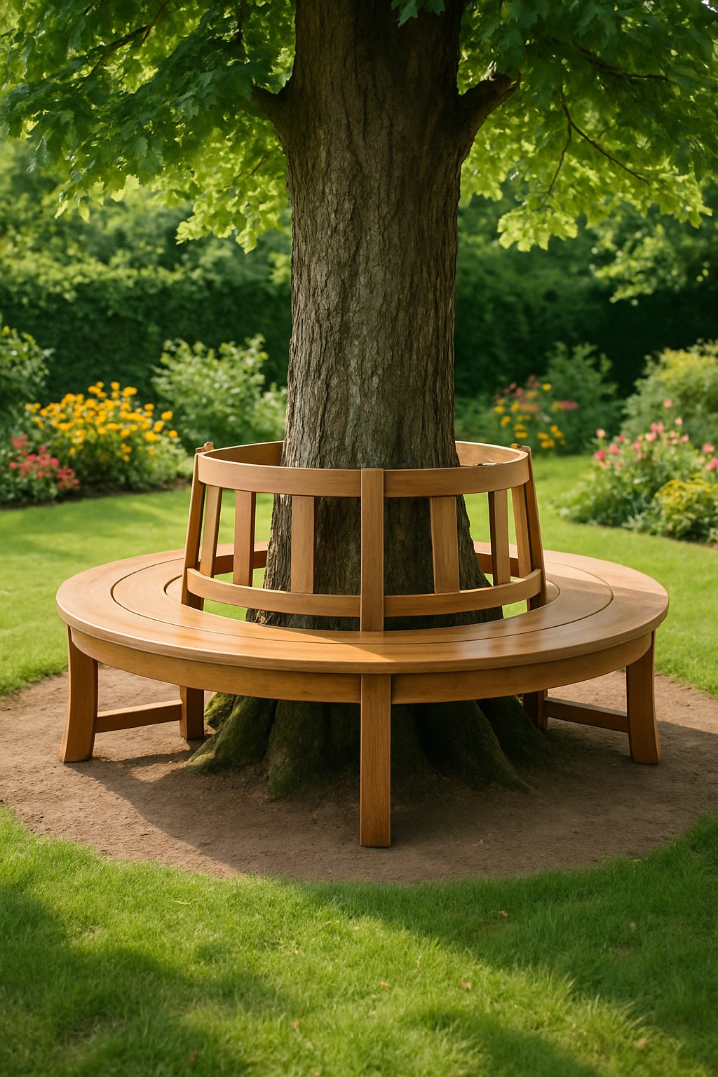A circular wooden bench surrounding a large tree trunk in a garden with green grass and colorful flowers.