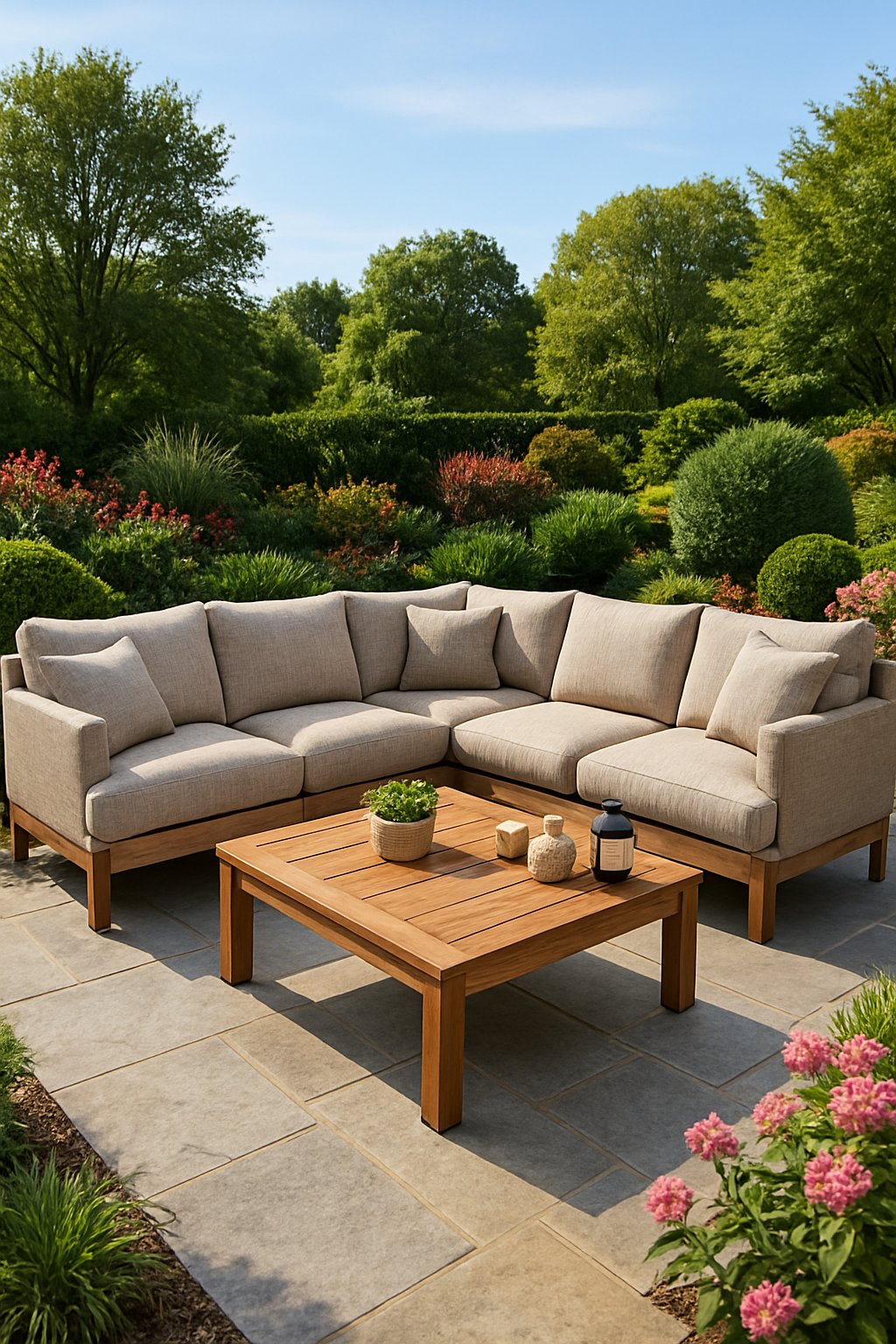 An outdoor garden scene with a large L-shaped sectional sofa on a stone patio surrounded by green plants and flowers, featuring a wooden coffee table with decorative items.