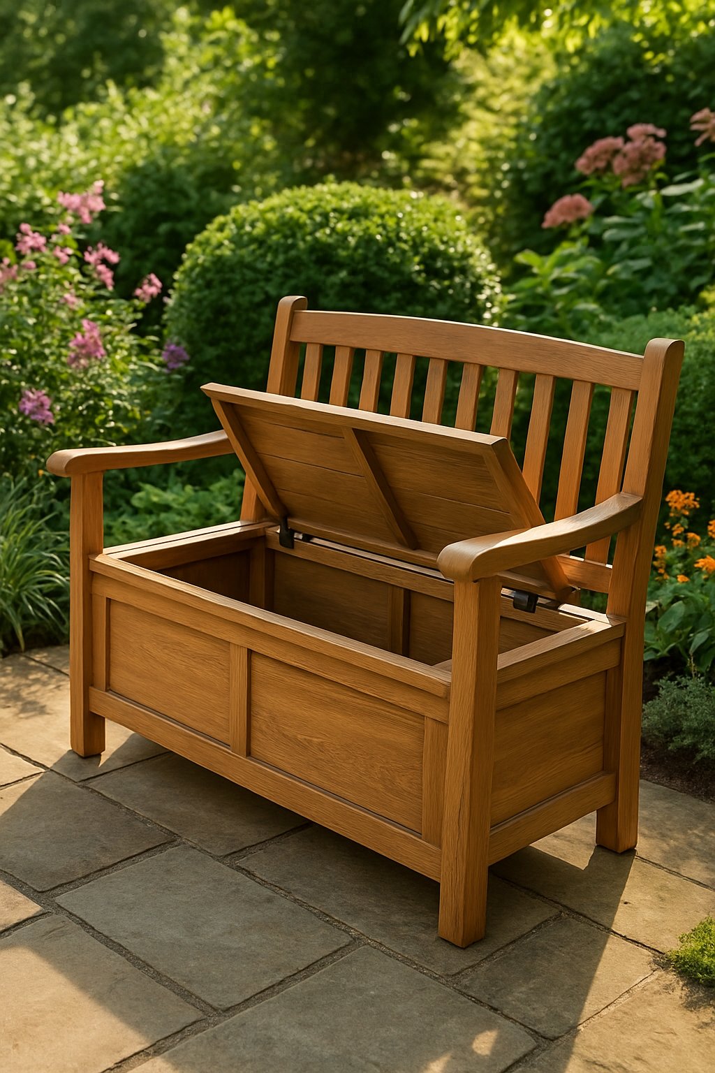 A wooden garden bench with storage underneath, placed on a stone patio surrounded by green plants and colorful flowers.
