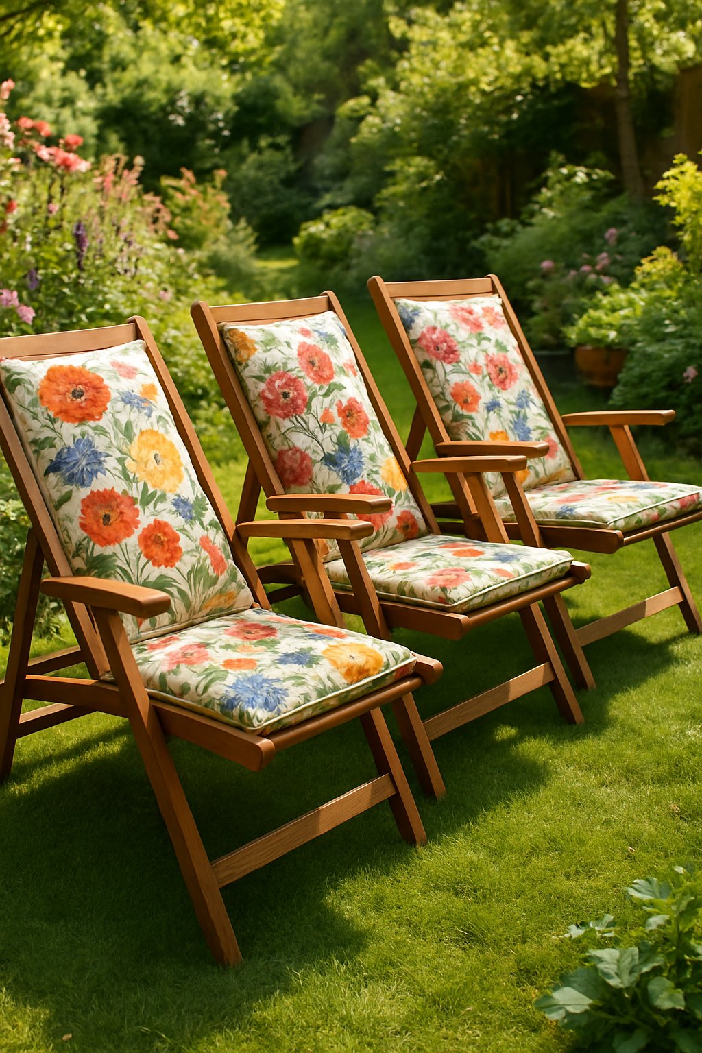 A garden with deck chairs featuring floral cushions arranged on a green lawn surrounded by plants and flowers.