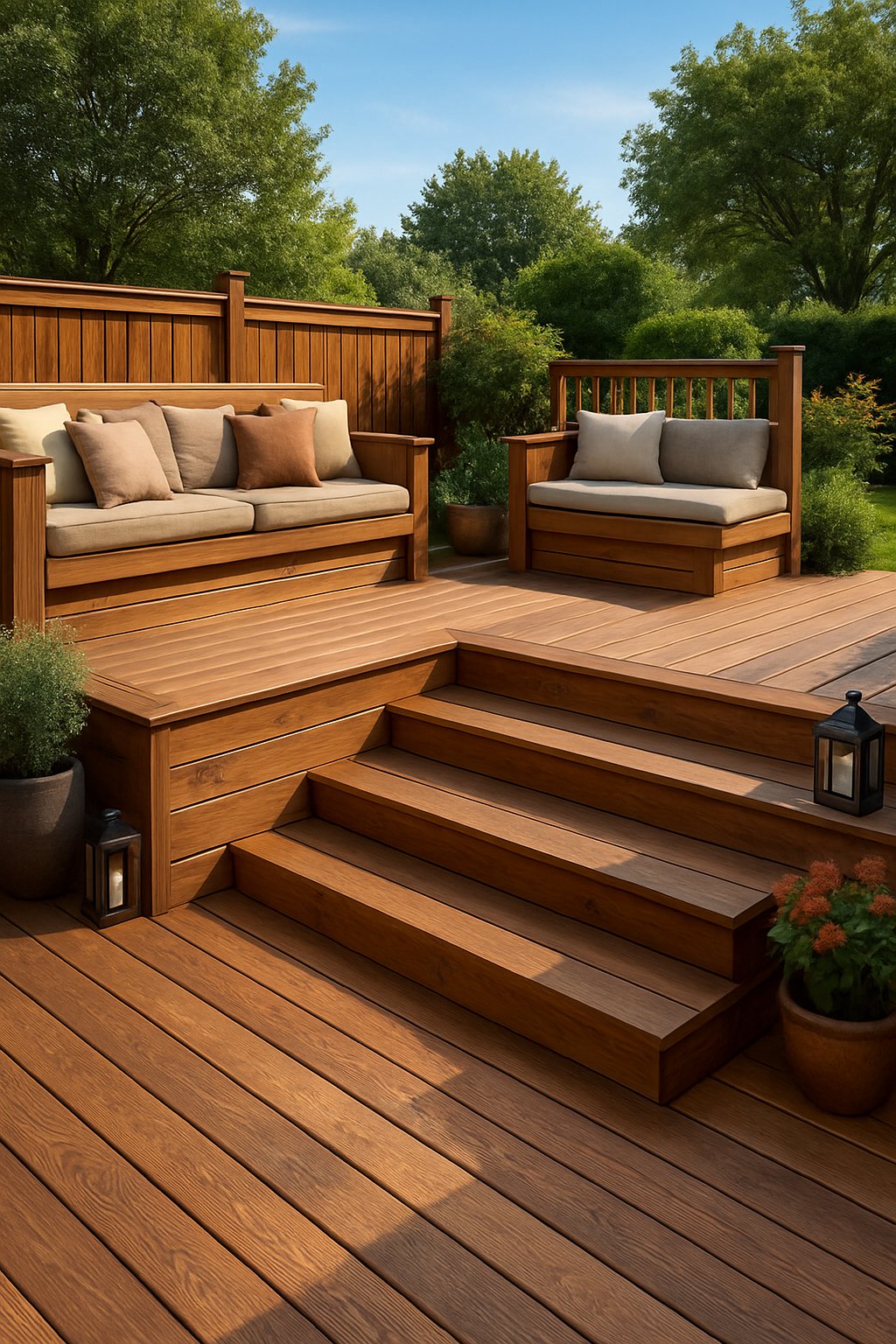A multi-level wooden backyard deck with built-in seating surrounded by green plants and a clear sky.