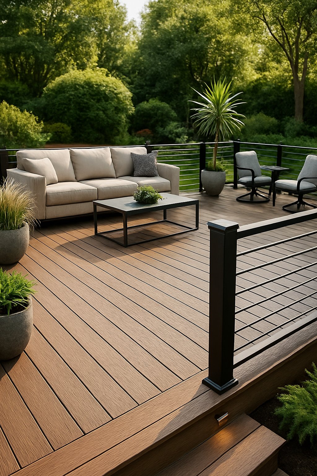 Backyard with a spacious composite deck featuring sleek metal railings, outdoor seating, and surrounding greenery.