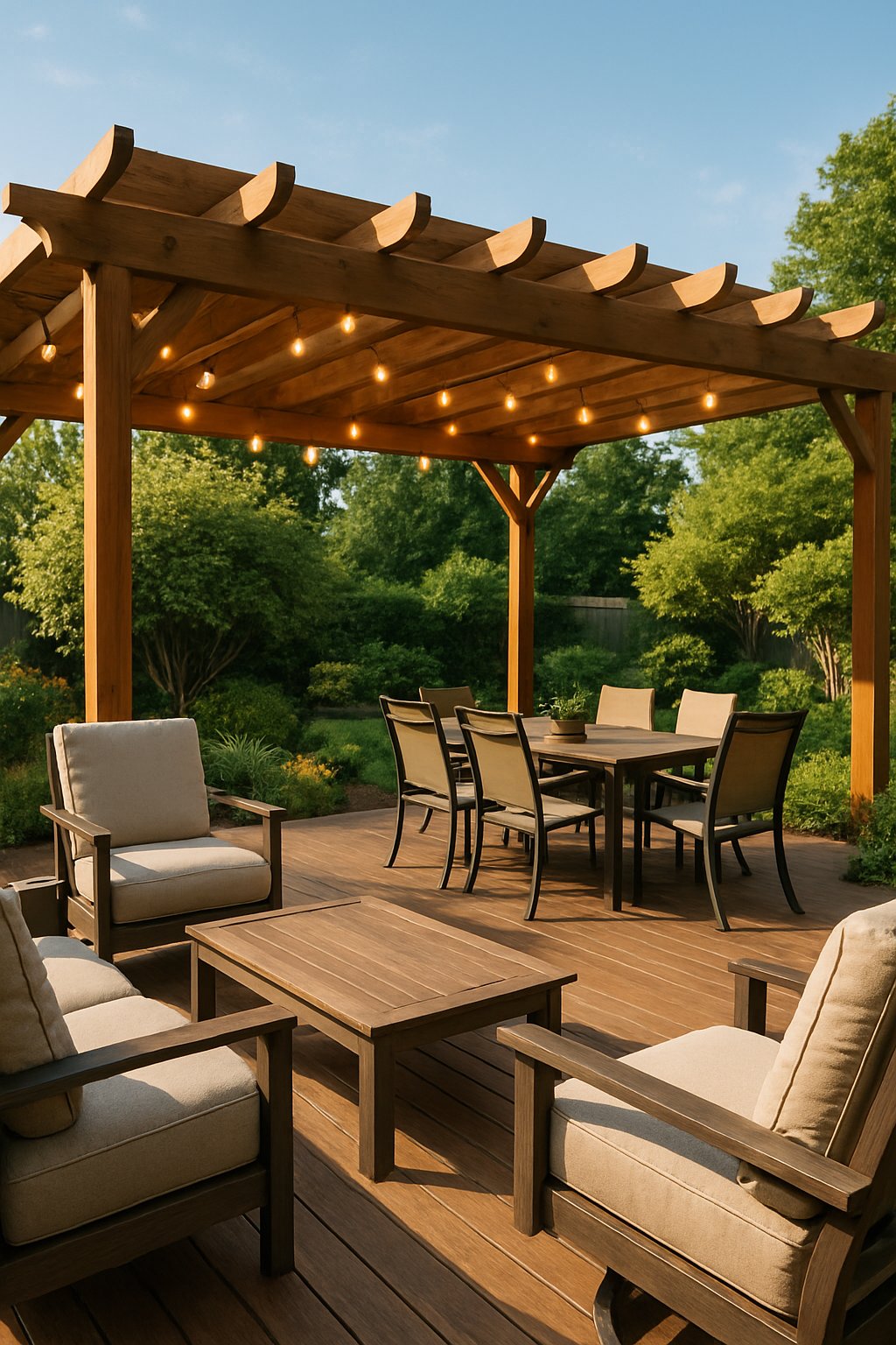 Backyard deck with a wooden pergola covered by string lights, outdoor furniture, and surrounding greenery.