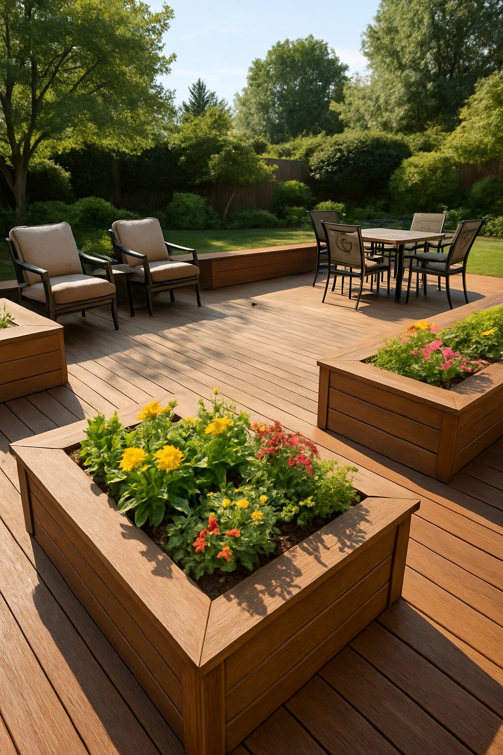 Backyard with a large wrap-around wooden deck featuring planter boxes filled with plants and outdoor furniture surrounded by garden greenery.