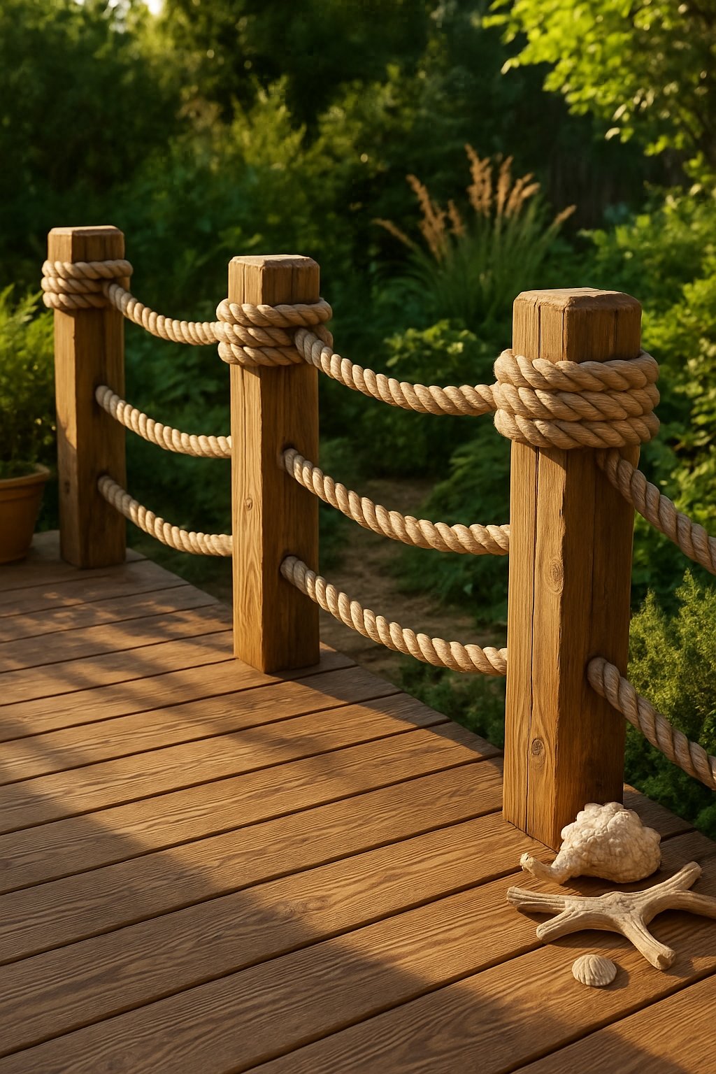 A backyard deck with wooden handrails wrapped in thick rope, surrounded by green plants and coastal decor.
