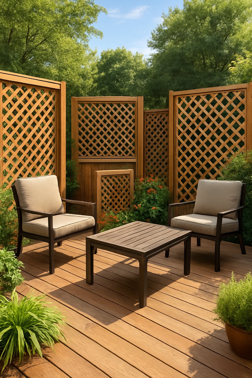 Backyard deck with wooden lattice privacy screens surrounded by plants and outdoor furniture.