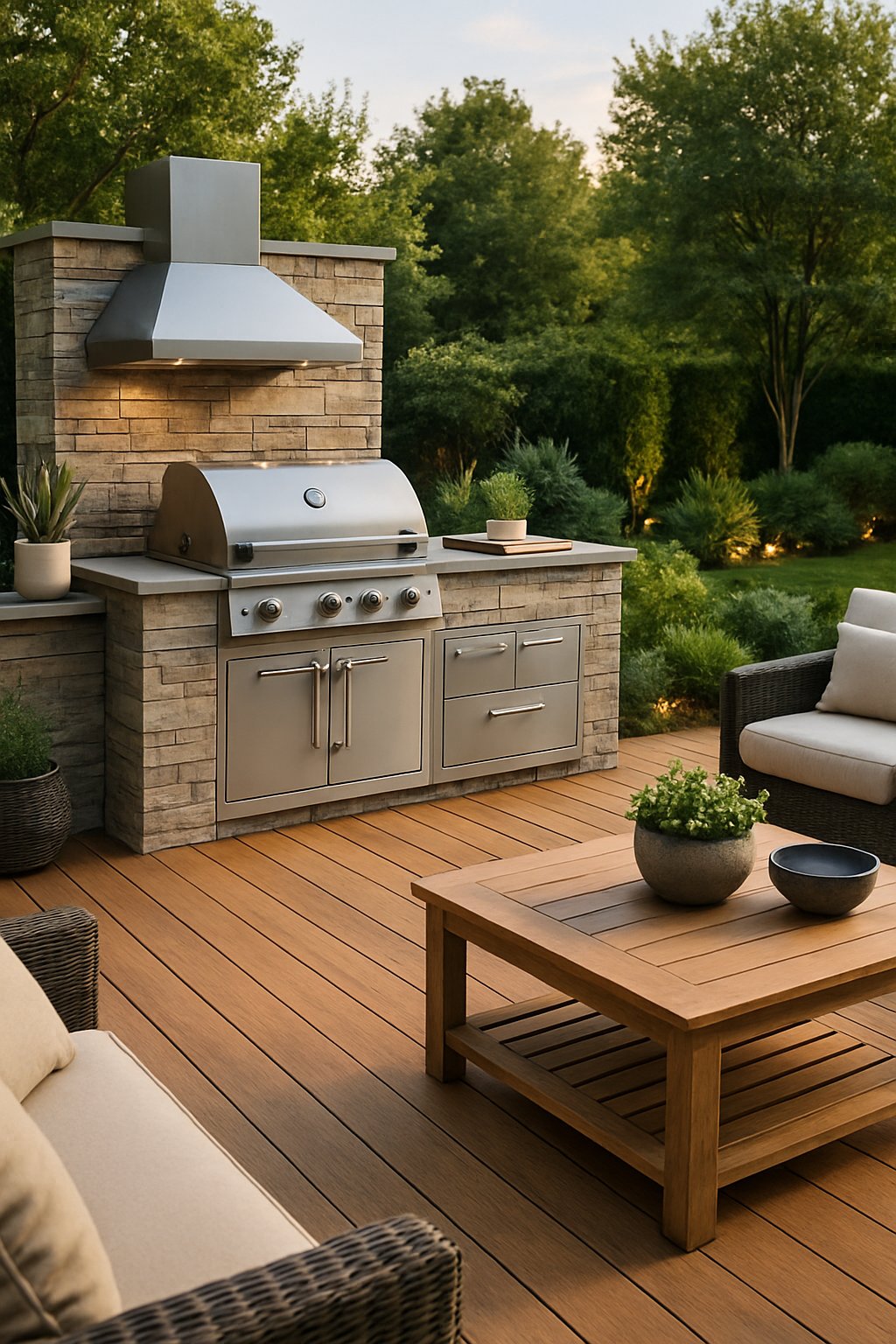 An outdoor kitchen deck with a modern grill station, wooden flooring, seating areas, and surrounding greenery.