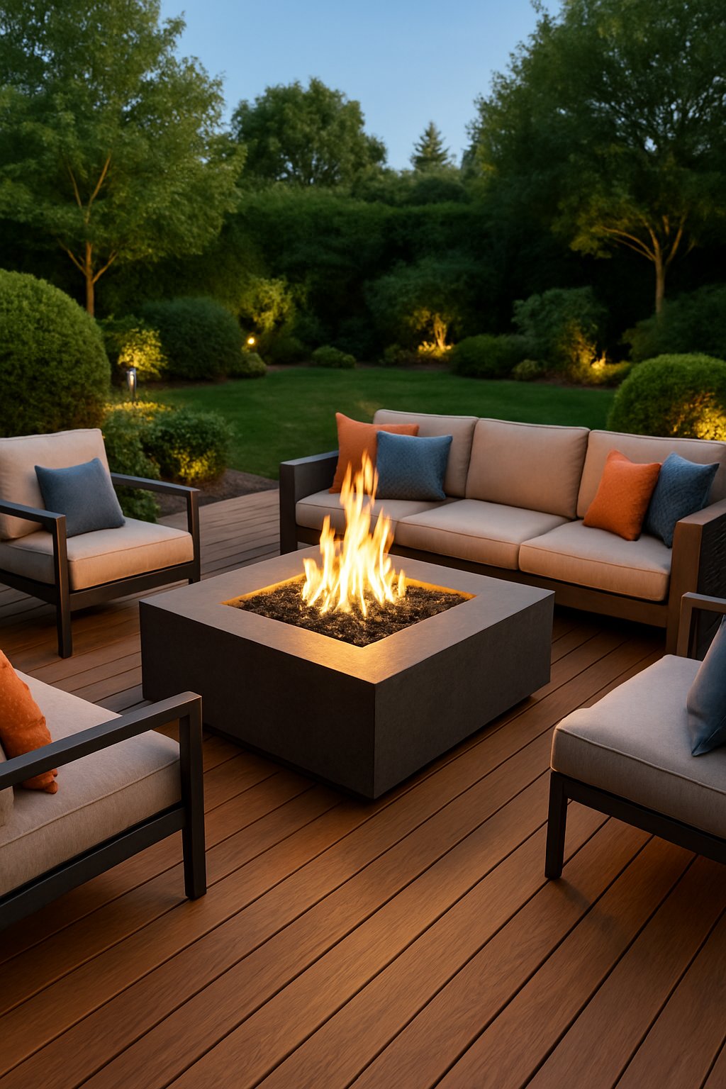 A backyard deck with a built-in fire pit surrounded by outdoor seating and greenery.