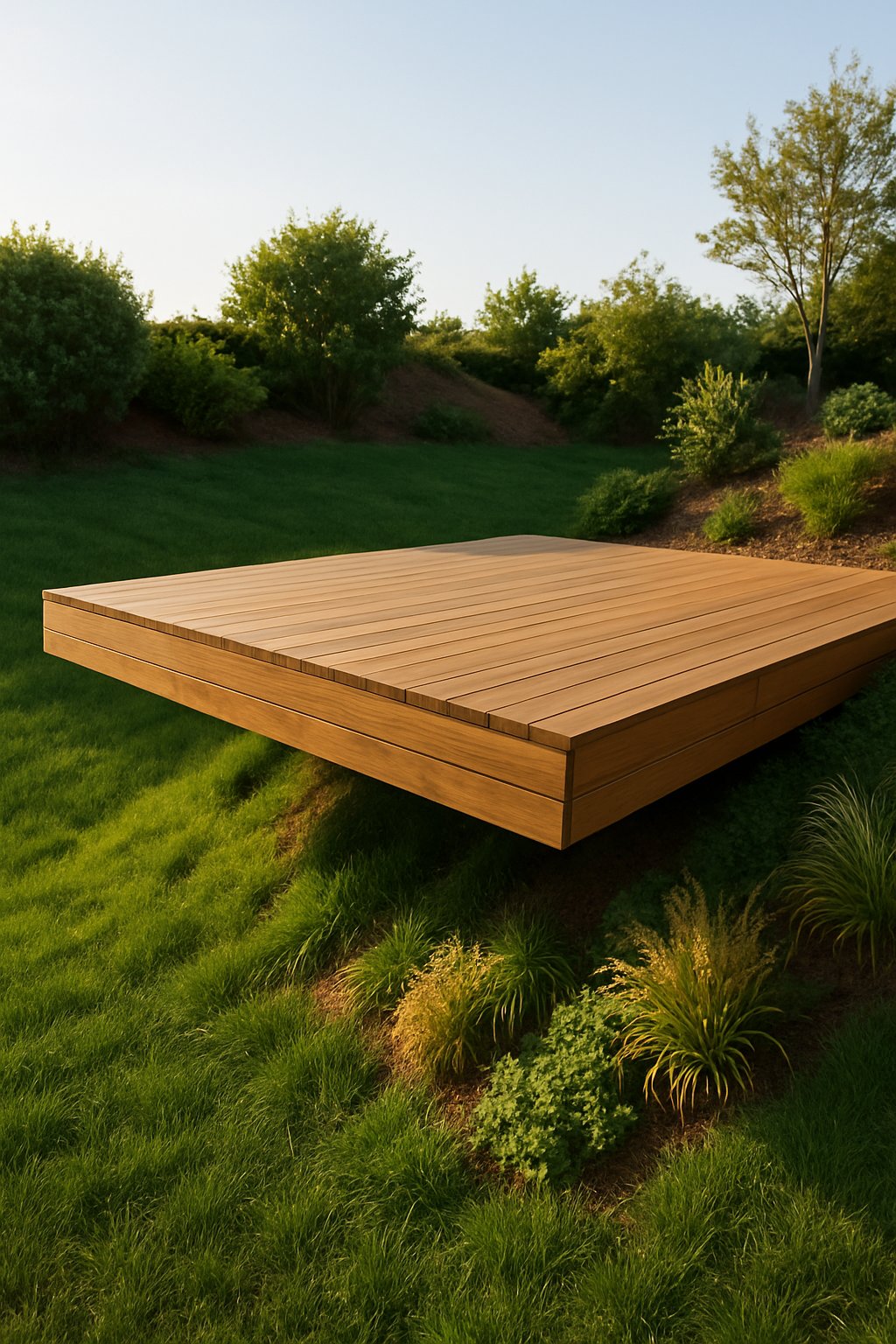 A floating wooden deck above a sloped backyard with green grass and plants surrounding it.