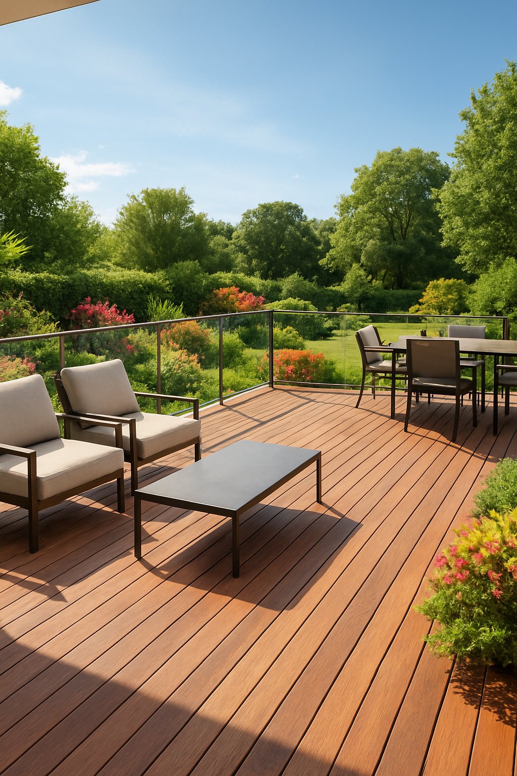 A spacious backyard deck with glass-paneled railing overlooking a lush garden, featuring wooden flooring and outdoor furniture.