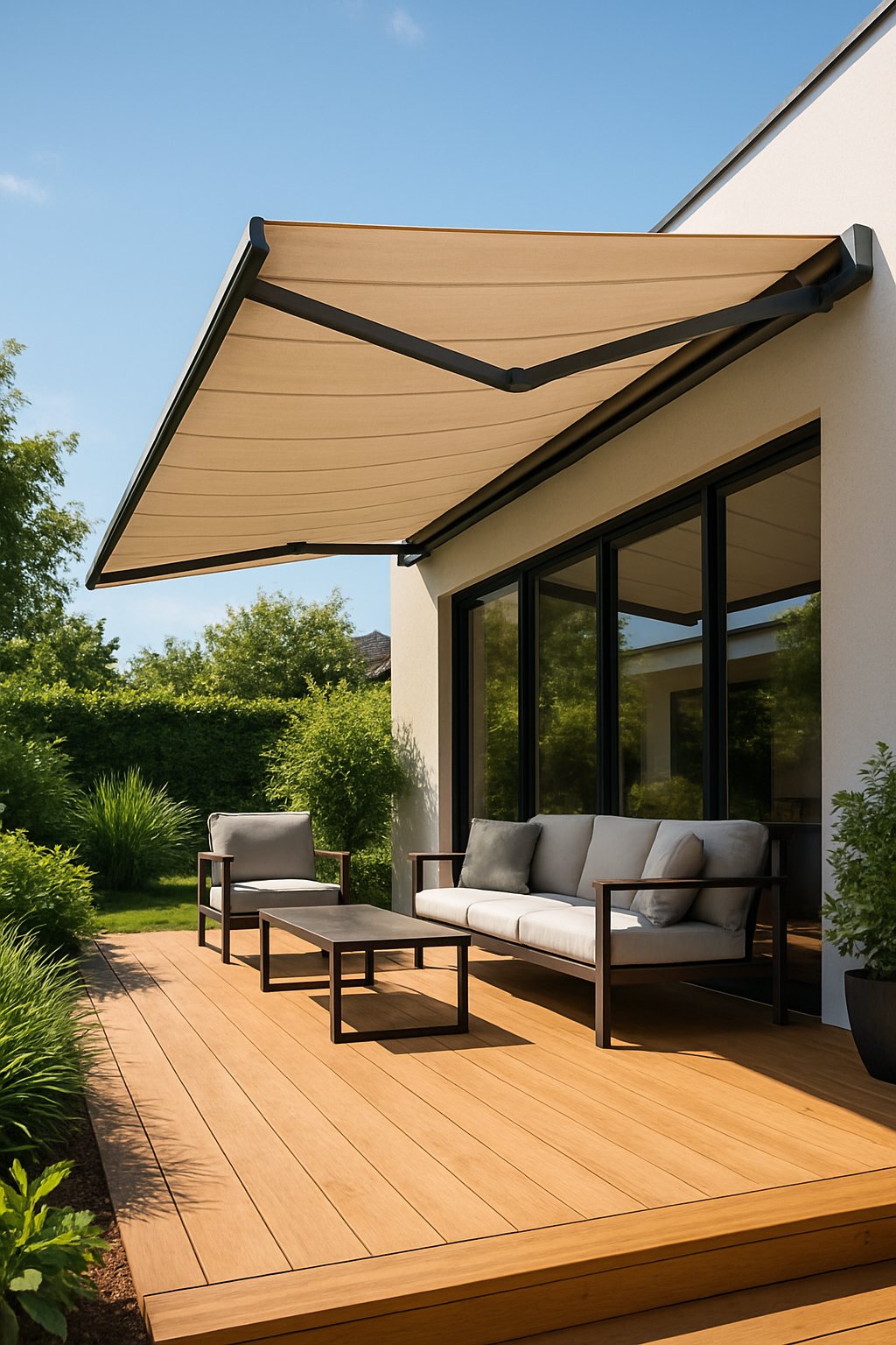 A backyard deck with a retractable awning extended over outdoor seating, surrounded by greenery and a modern house in the background.