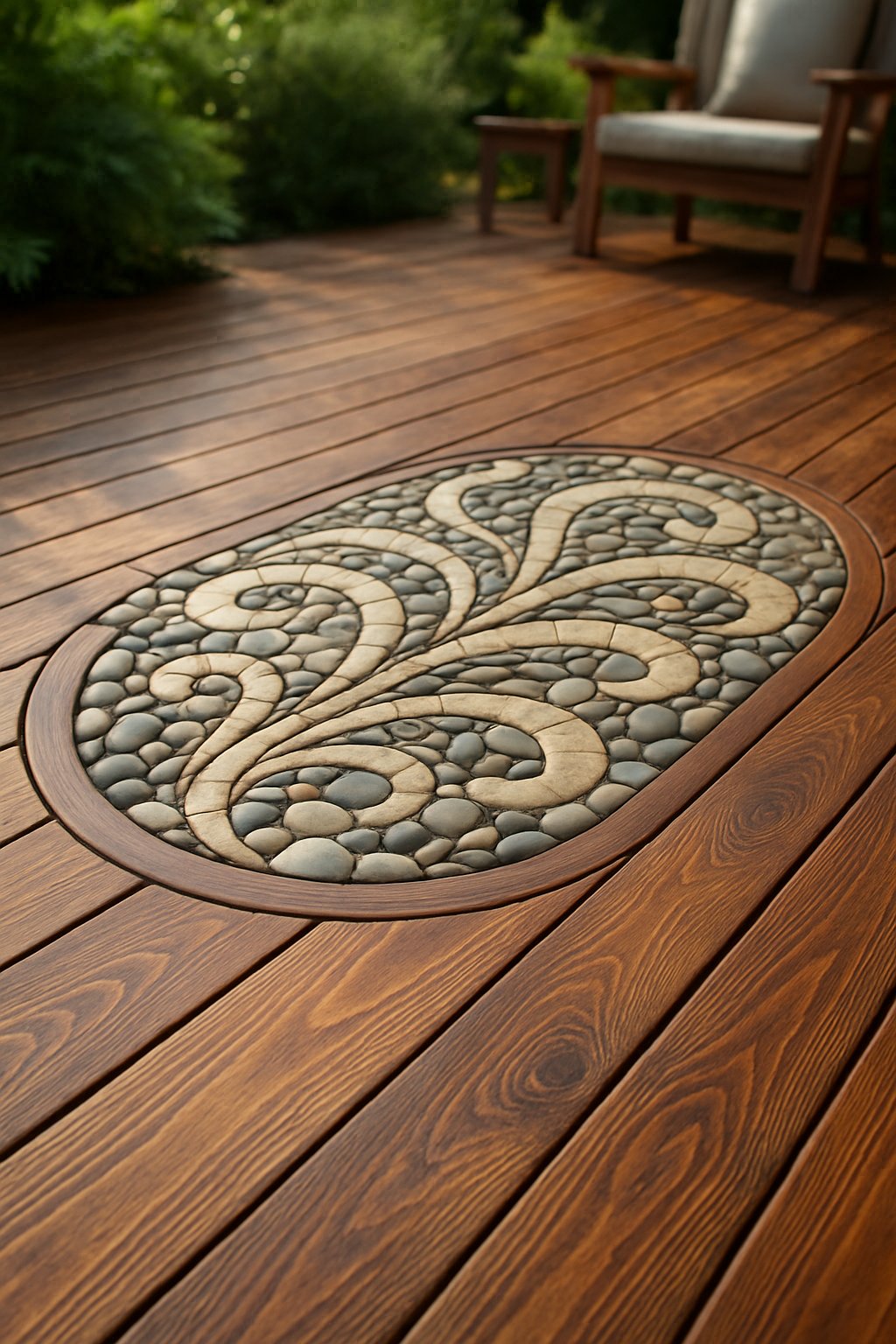 A backyard wooden deck with an intricate stone inlay design integrated into the deck surface, surrounded by greenery.
