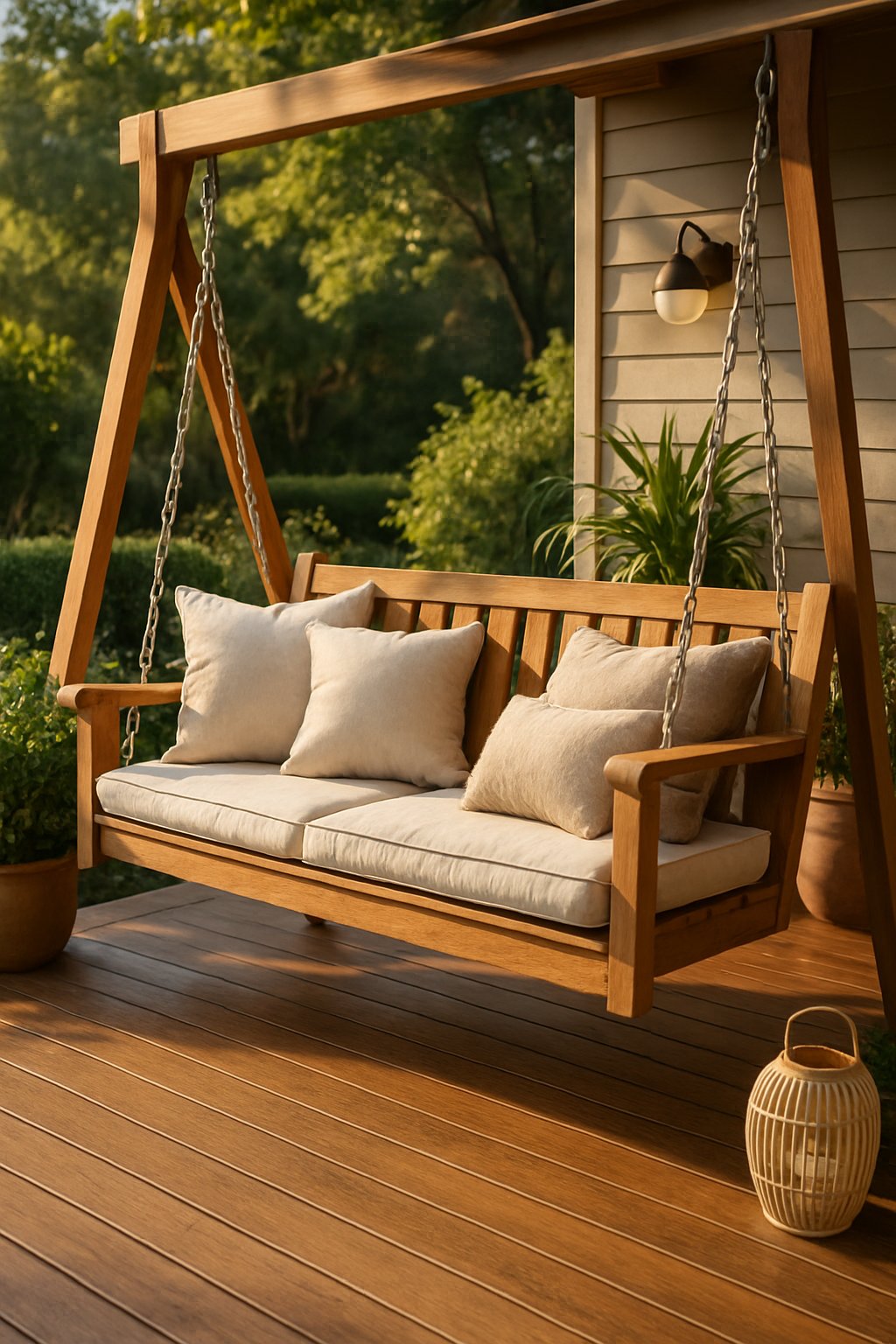A backyard deck with a wooden swing bench featuring cozy cushions surrounded by green plants and garden scenery.