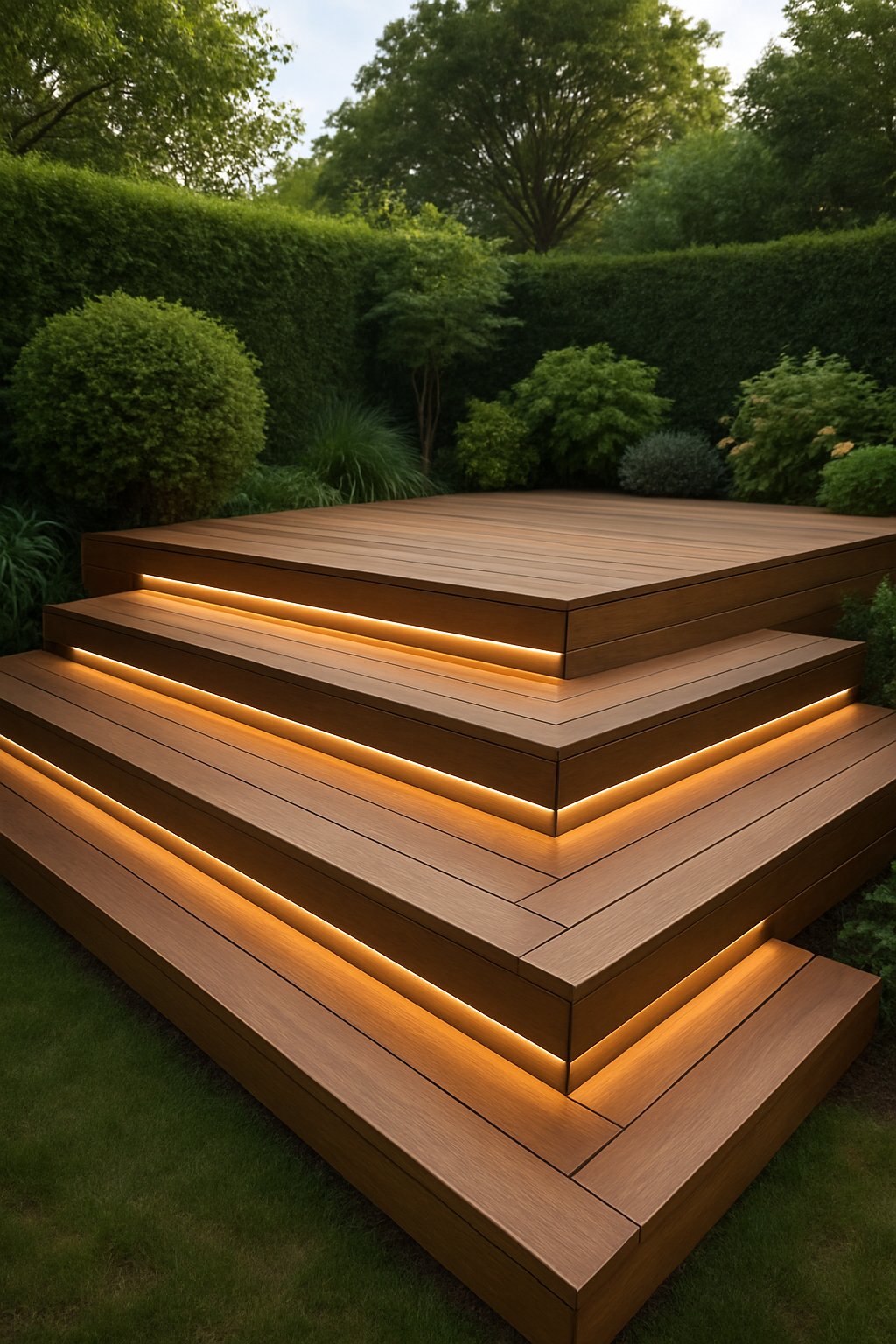 A modern backyard with a multi-level wooden step deck featuring integrated LED lighting, surrounded by green plants and shrubs.