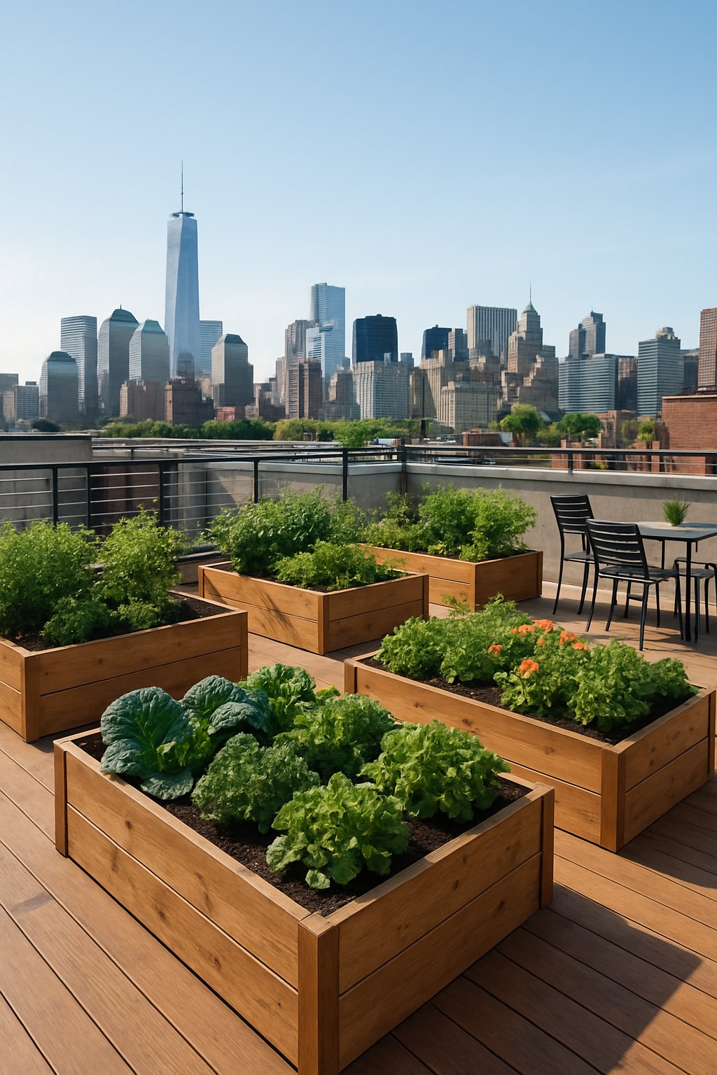A rooftop deck with wooden garden beds filled with green plants and herbs, overlooking a city skyline under a clear sky.