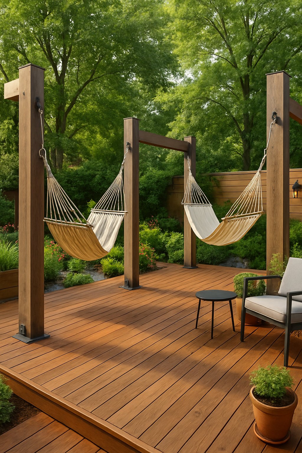 A backyard deck with multiple hammock mounts, surrounded by green plants and outdoor furniture.