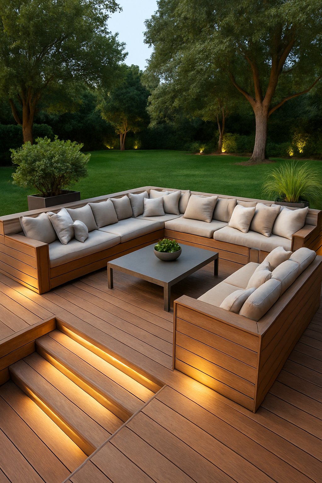 A backyard wooden deck with a sunken seating area featuring built-in benches, cushions, plants, and ambient lighting surrounded by a lawn and trees.