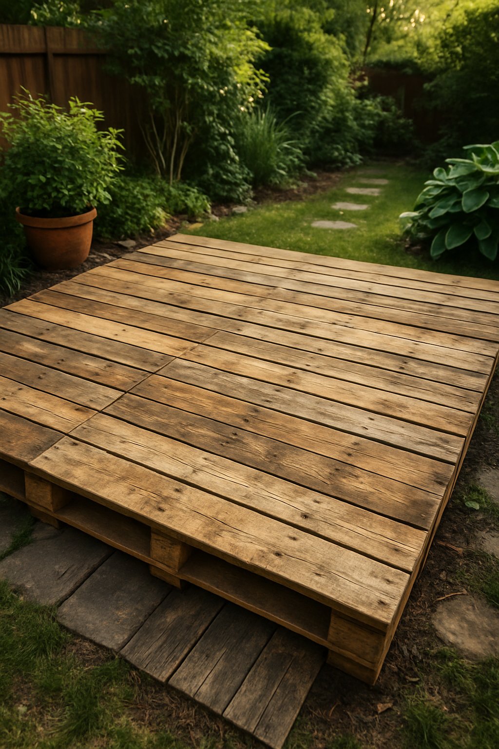 A backyard deck with rustic pallet wood flooring surrounded by green plants and garden elements.
