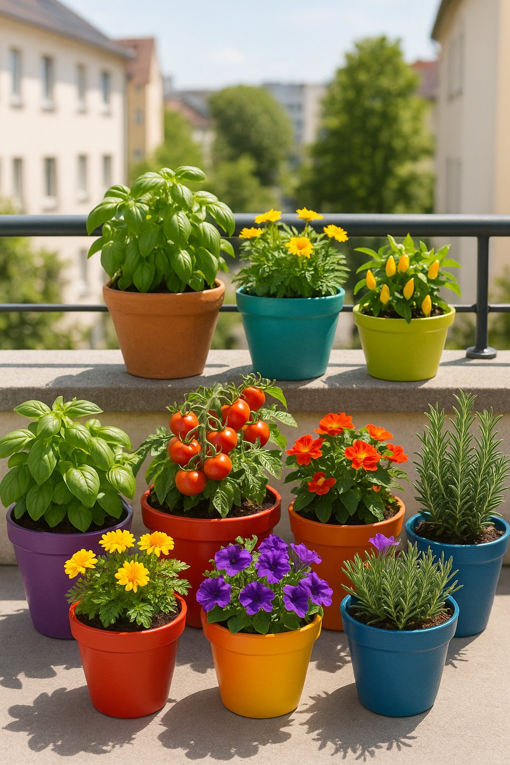 A small balcony garden with colorful pots holding various real plants and flowers, including herbs, blooming flowers, and small vegetables.