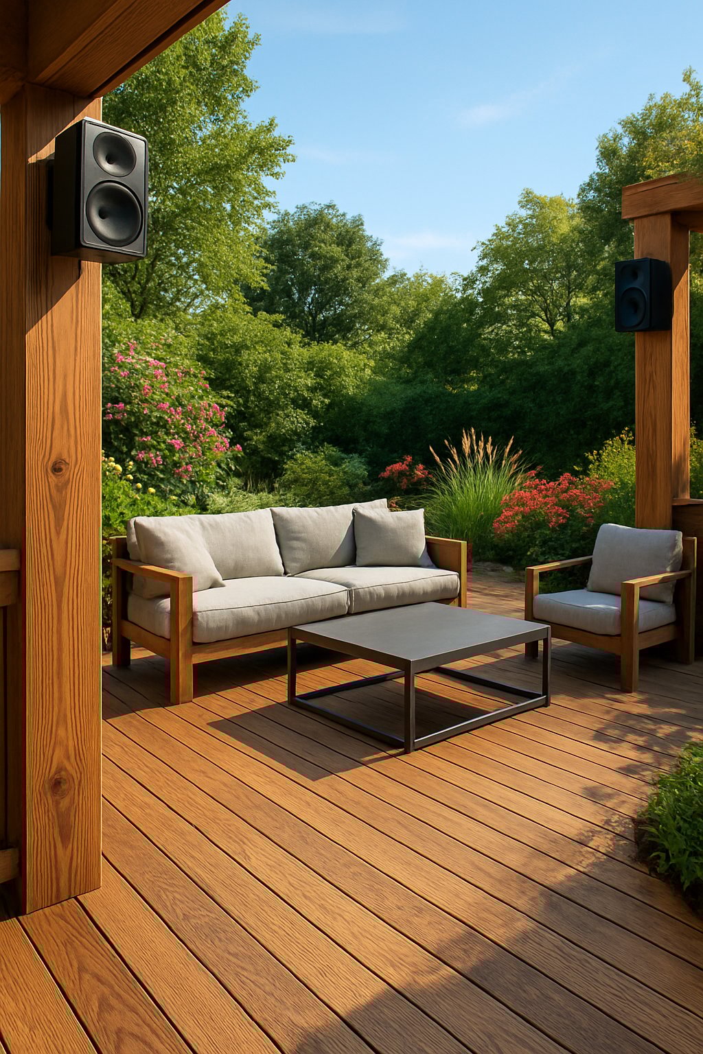 A backyard deck with wooden flooring, outdoor seating, and mounted outdoor speakers surrounded by plants and greenery.
