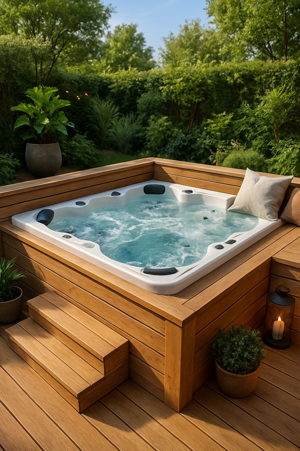 Backyard deck corner with a wooden deck and an integrated hot tub surrounded by plants and outdoor cushions in a garden setting.
