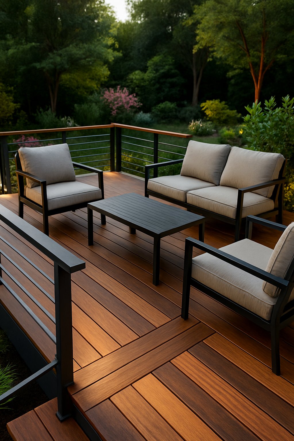 A backyard deck made of metal and wood with outdoor furniture, surrounded by plants and trees.