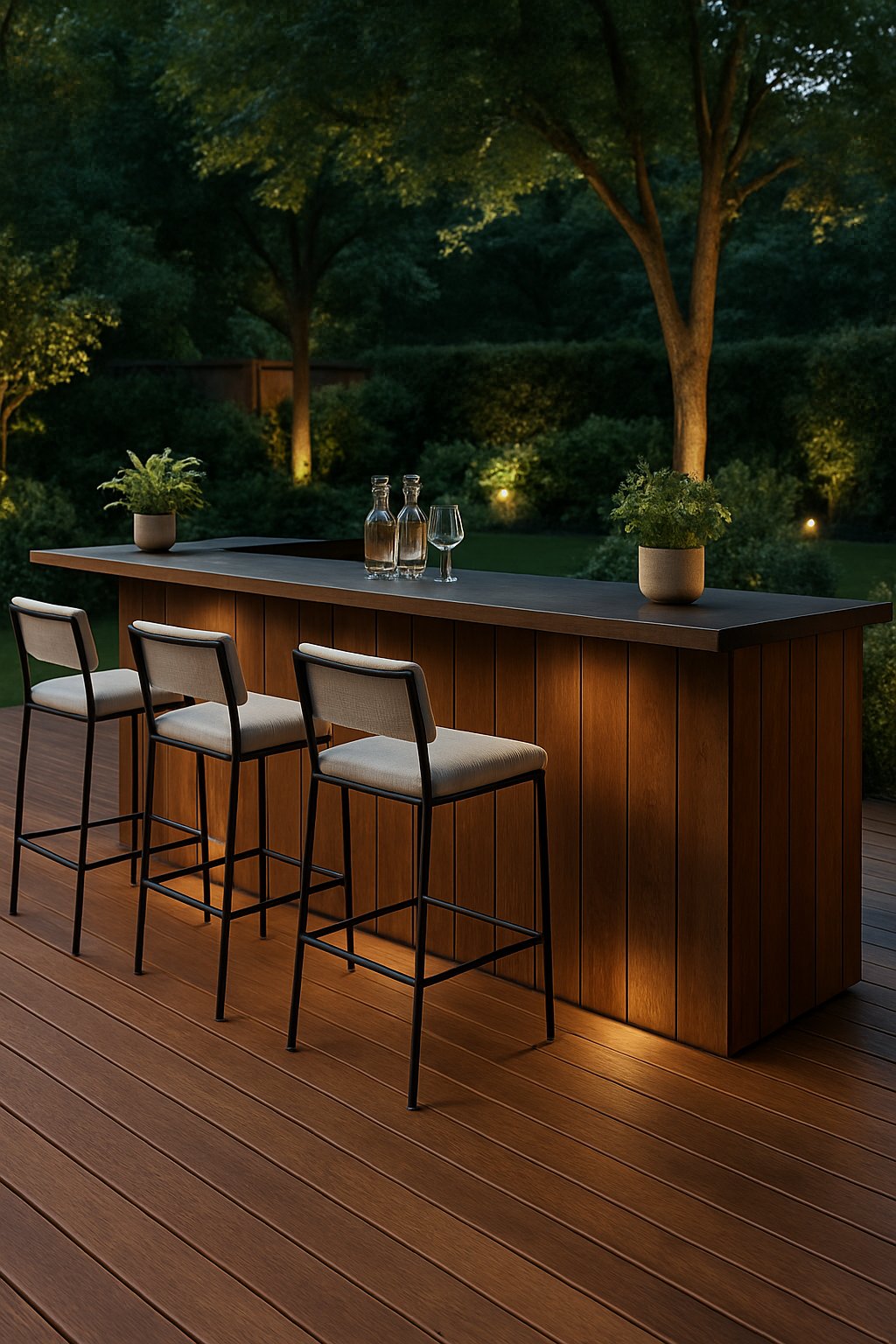 A backyard deck with a wooden bar and several stools surrounded by greenery and soft outdoor lighting.
