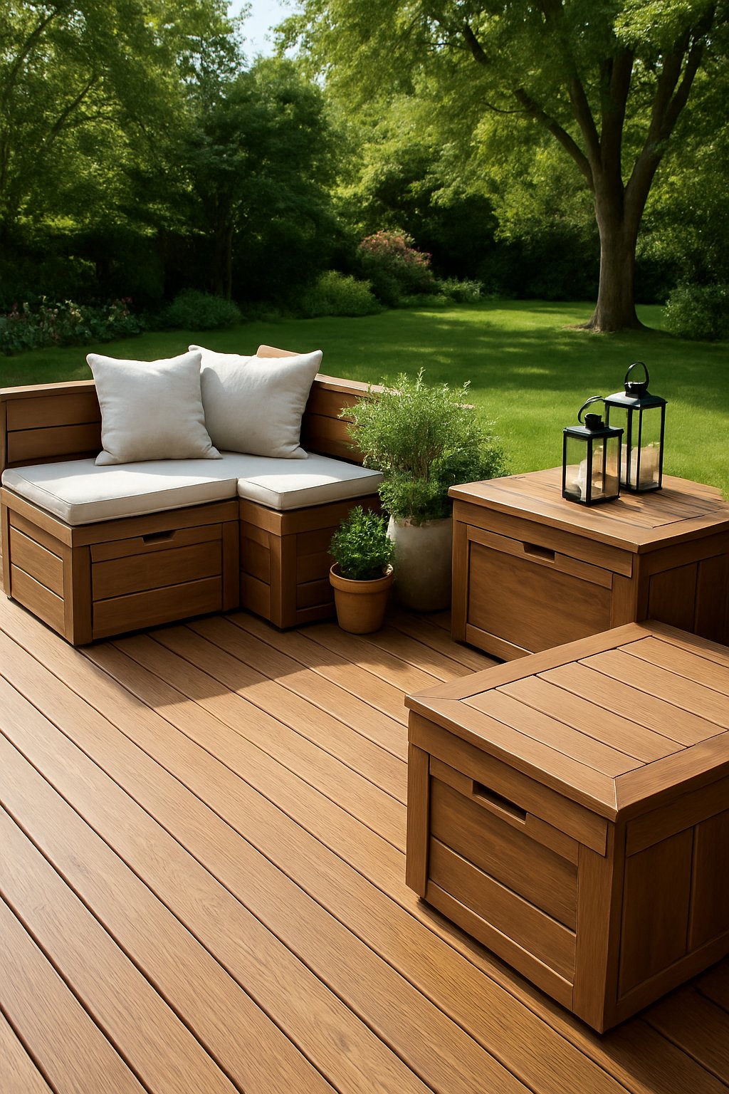 A backyard deck with built-in storage benches surrounded by green grass and trees, featuring wooden seating and outdoor decor.
